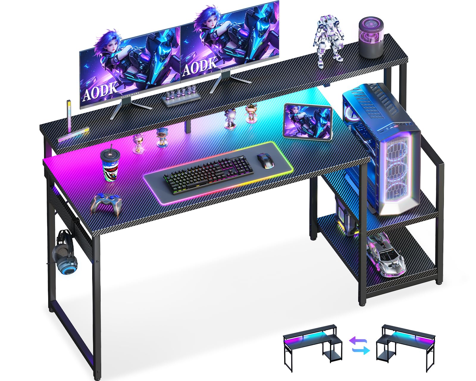 AODK ゲーミングデスク パソコンデスク LED付き 幅140cm(約 )モニター台&棚付き 机 pcデスクフック付き gaming desk ゲーミングテーブル ゲームデスク 左右入れ替え対応 カーボン調ブラック