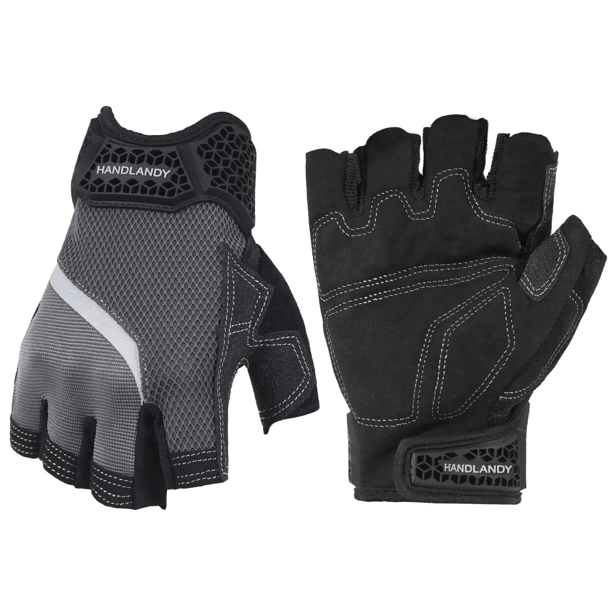 HANDLANDY Fingerless Work Gloves for Men, Half Finger Working Glove Grip Shock-Absorbing Breathable Uwrist TPR Anti-collision Gloves for Mens &amp; Women (Grey, XL)