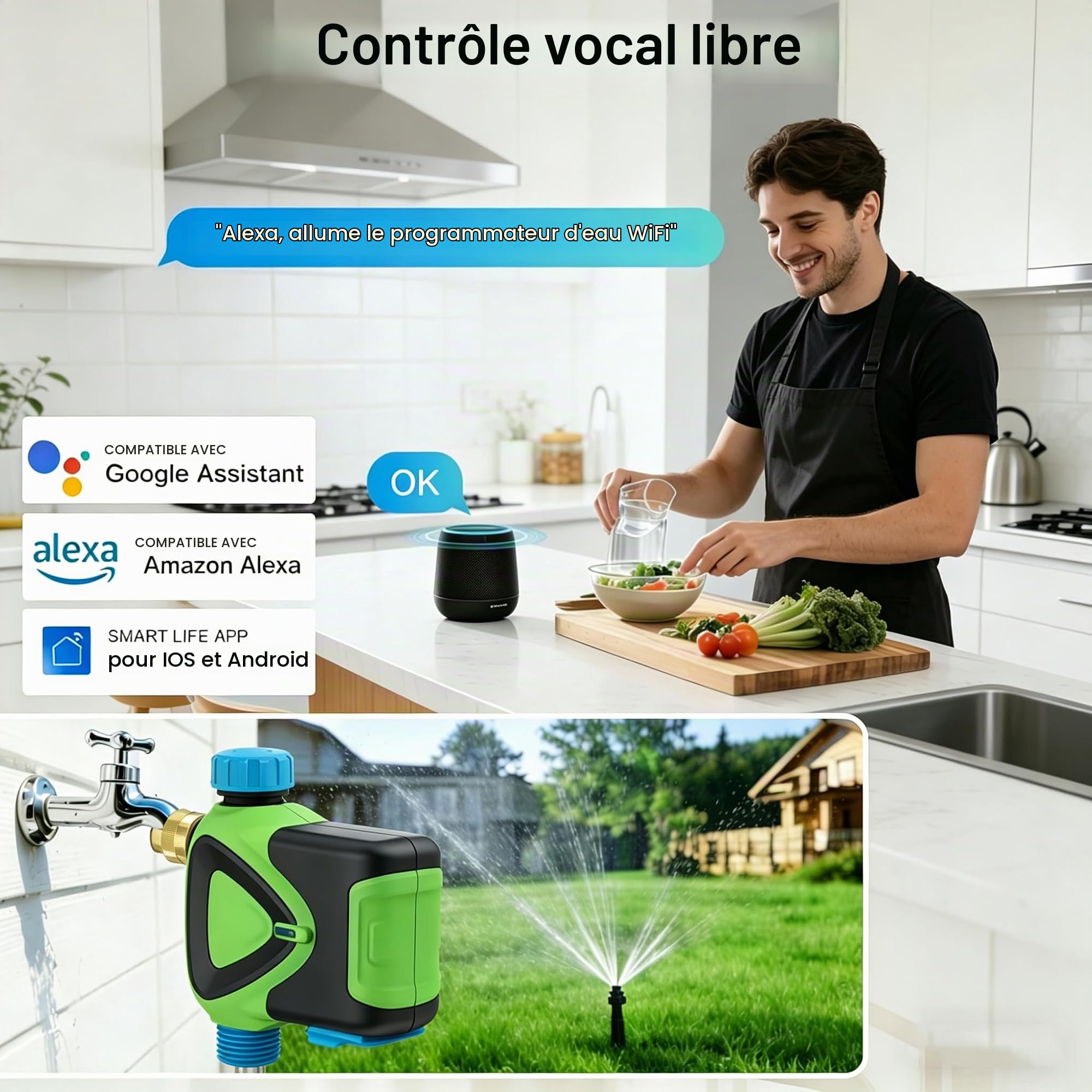 Ordinateur d'arrosage Wi-FI : minuteur d'arrosage Intelligent avec Application Tuya, délai de Pluie, minuterie d'arrosage Automatique pour Jardin et Balcon, Compatible avec Alexa et Google Assistant