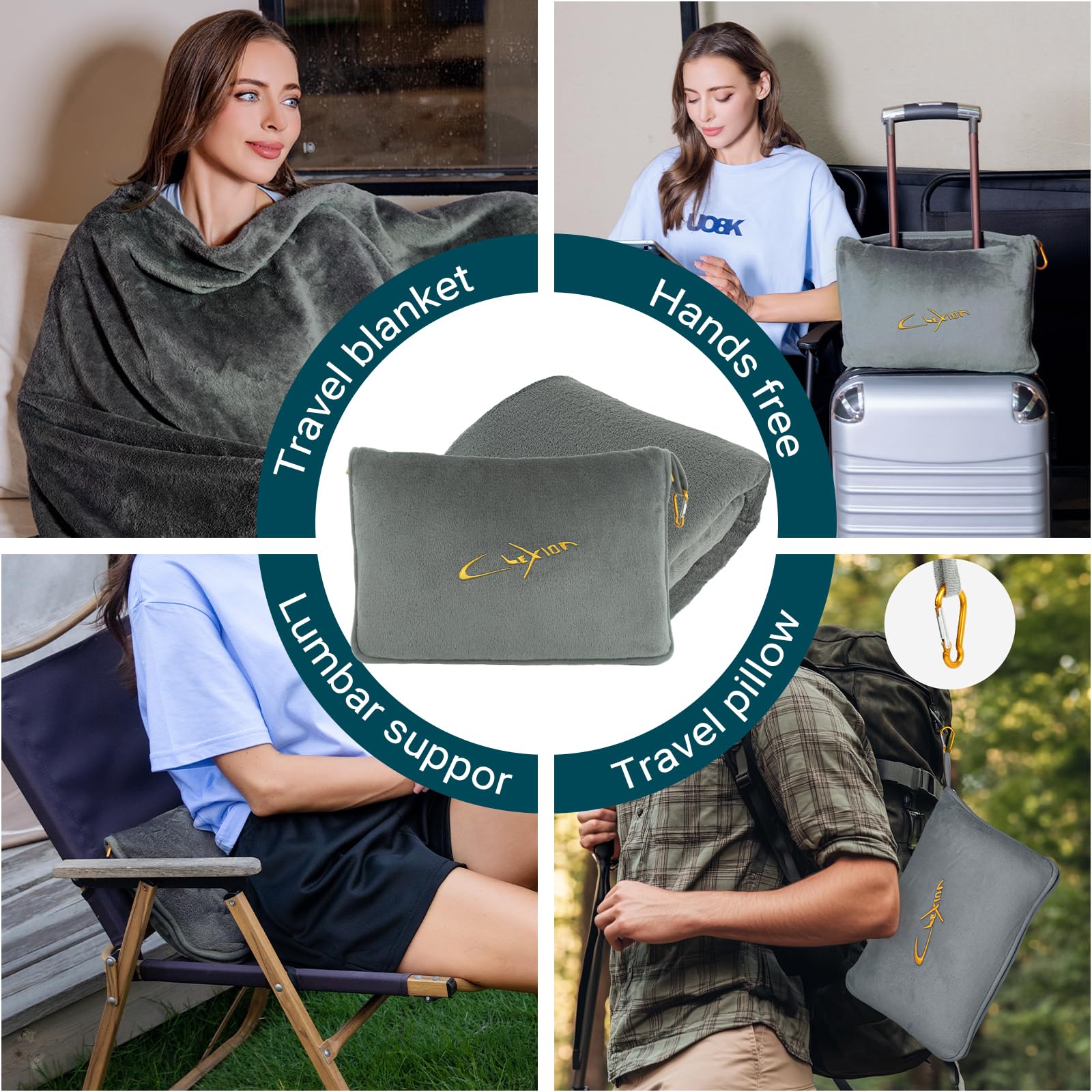 Almohada de viaje suave 3 en 1, manta de avión para viajes largos, esencial con funda de almohada para bolsa, funda de equipaje de mano y clip para mochila (gris)