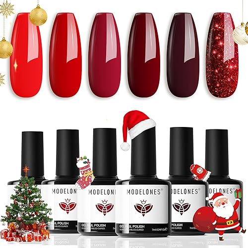 Modelones - Esmalte de gel rojo, colores clásicos populares, semipermanente, con purpurina. Set de manicura para usar en casa y en el centro de