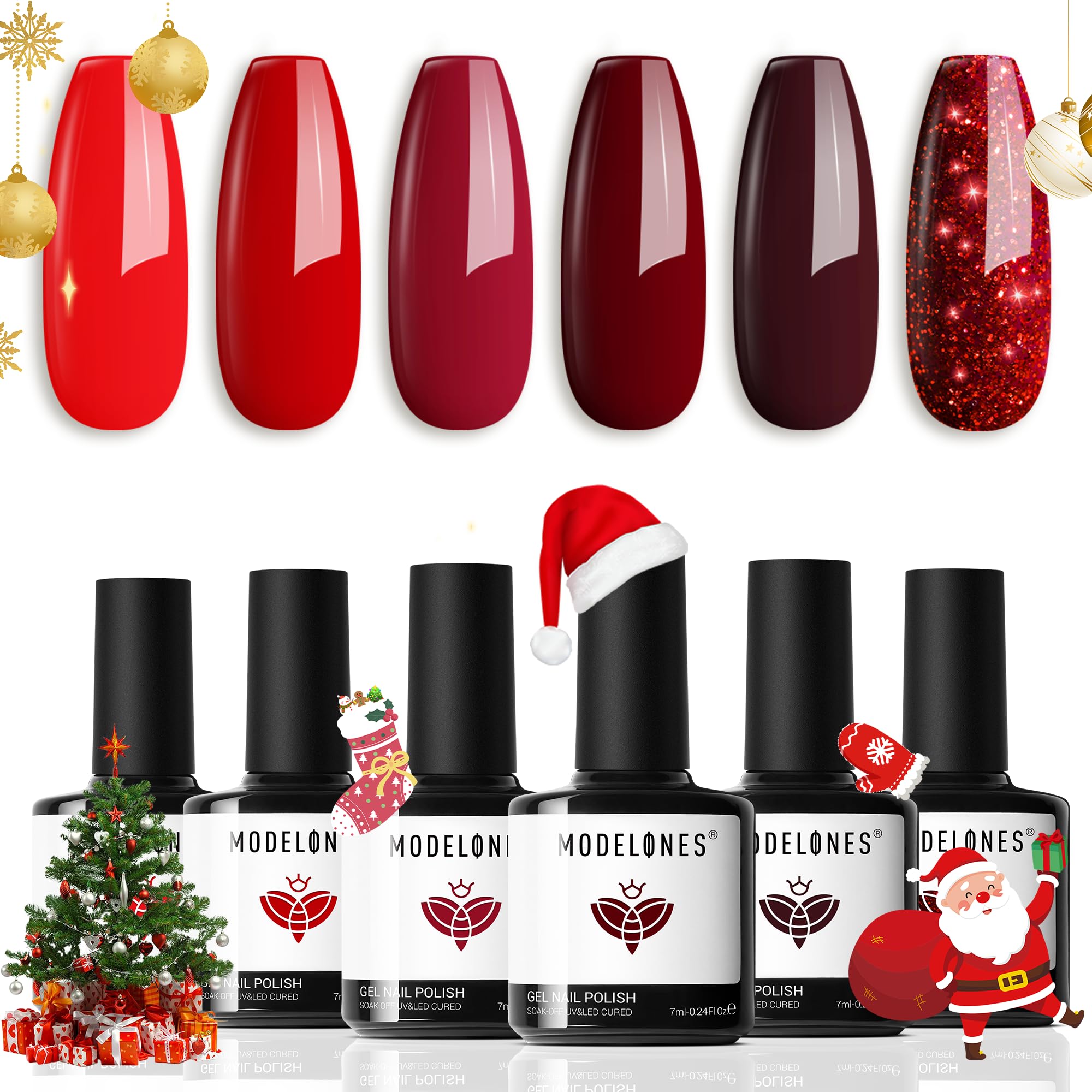 modelones Gel Nail Polish Set - 6 Red Colors Gel Polish Glitter Red Gel Polish Burgundy Sparkle Bloody Red Nail Polish Gel Manicure DIY Salon Nail Art Gifts