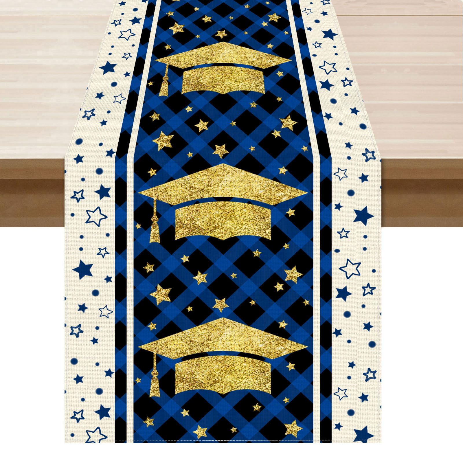 XCHI Congrats Grad Plaid Graduation Cap Stars Table Runner Decoration for Home Kitchen Dining Dinner Indoor Party Farmhouse Decor 13x72 Inch