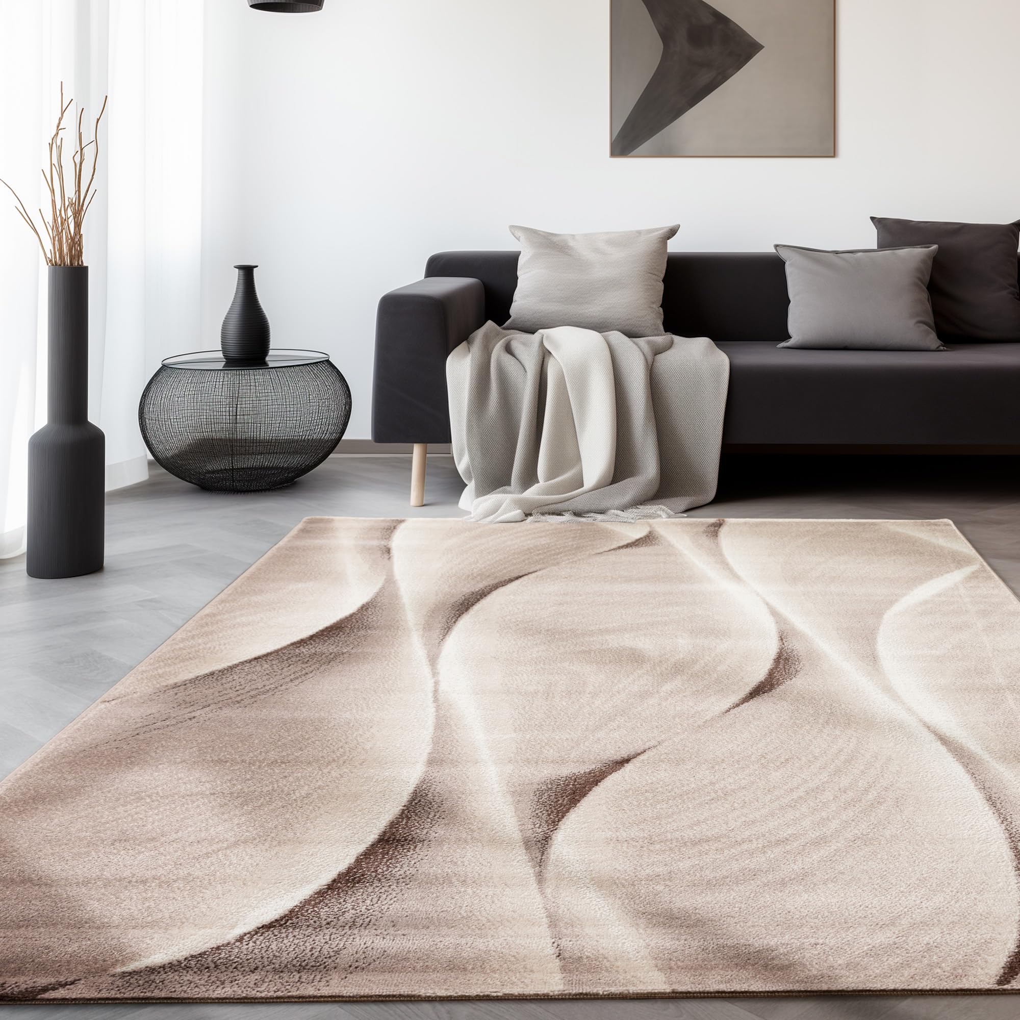 SIMPEX Teppich Wohnzimmer Modern Abstraktes Wellen Design Kurzflor Schlafzimmer Esszimmer Küche Jugendzimmer Waschbar Pflegeleicht Extra Weich