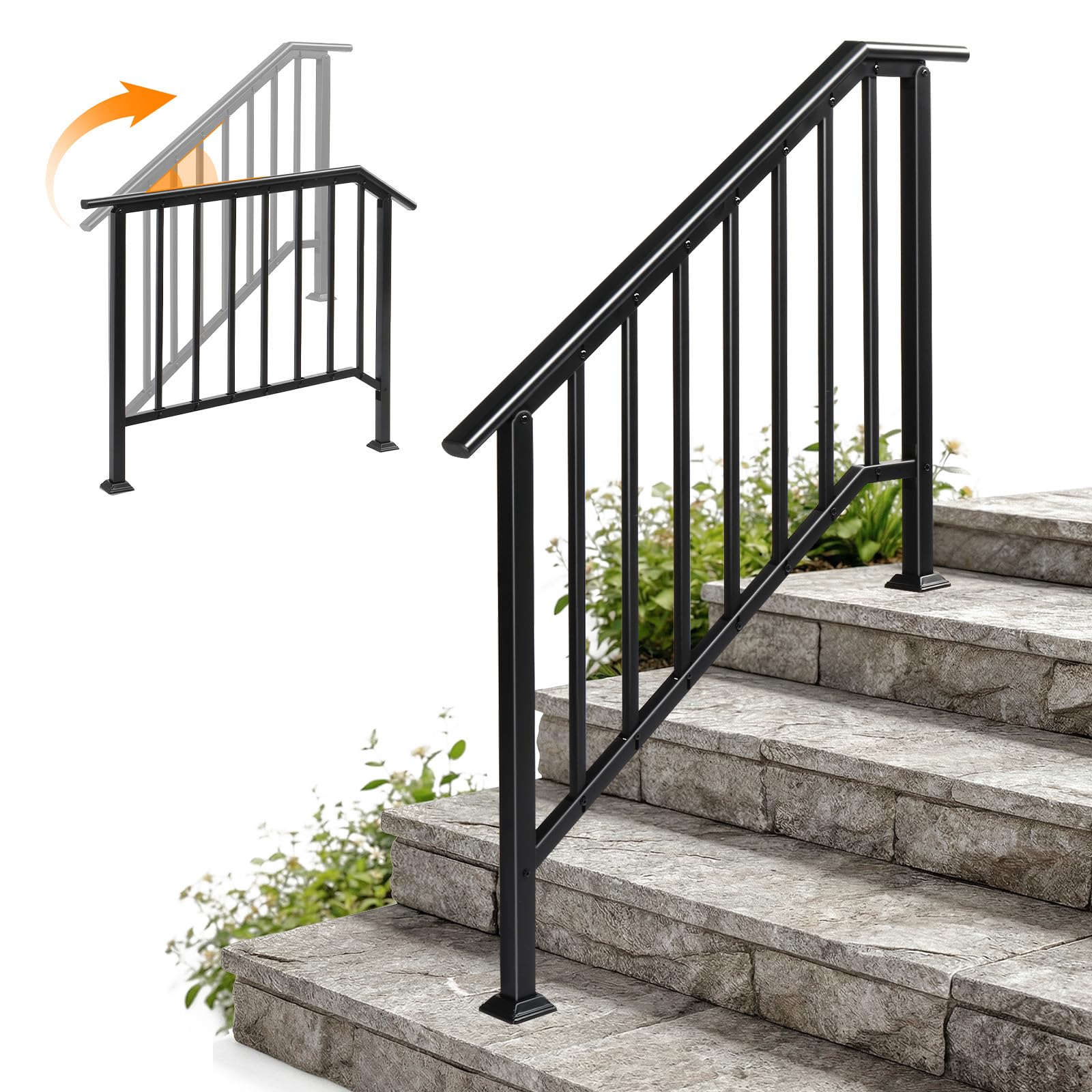 VINGLI Outdoor Handrail for 3-4 Front Steps, Thick Sturdy Wrought Iron