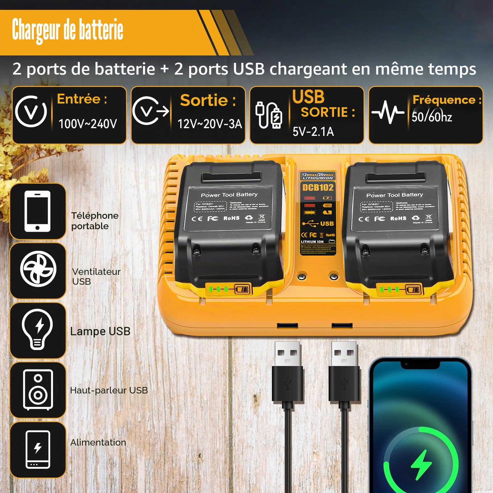 Chargeur de batterie double port pour batteries Dewalt 12 V/20 V, chargeur rapide compatible avec les batteries au lithium série DCB