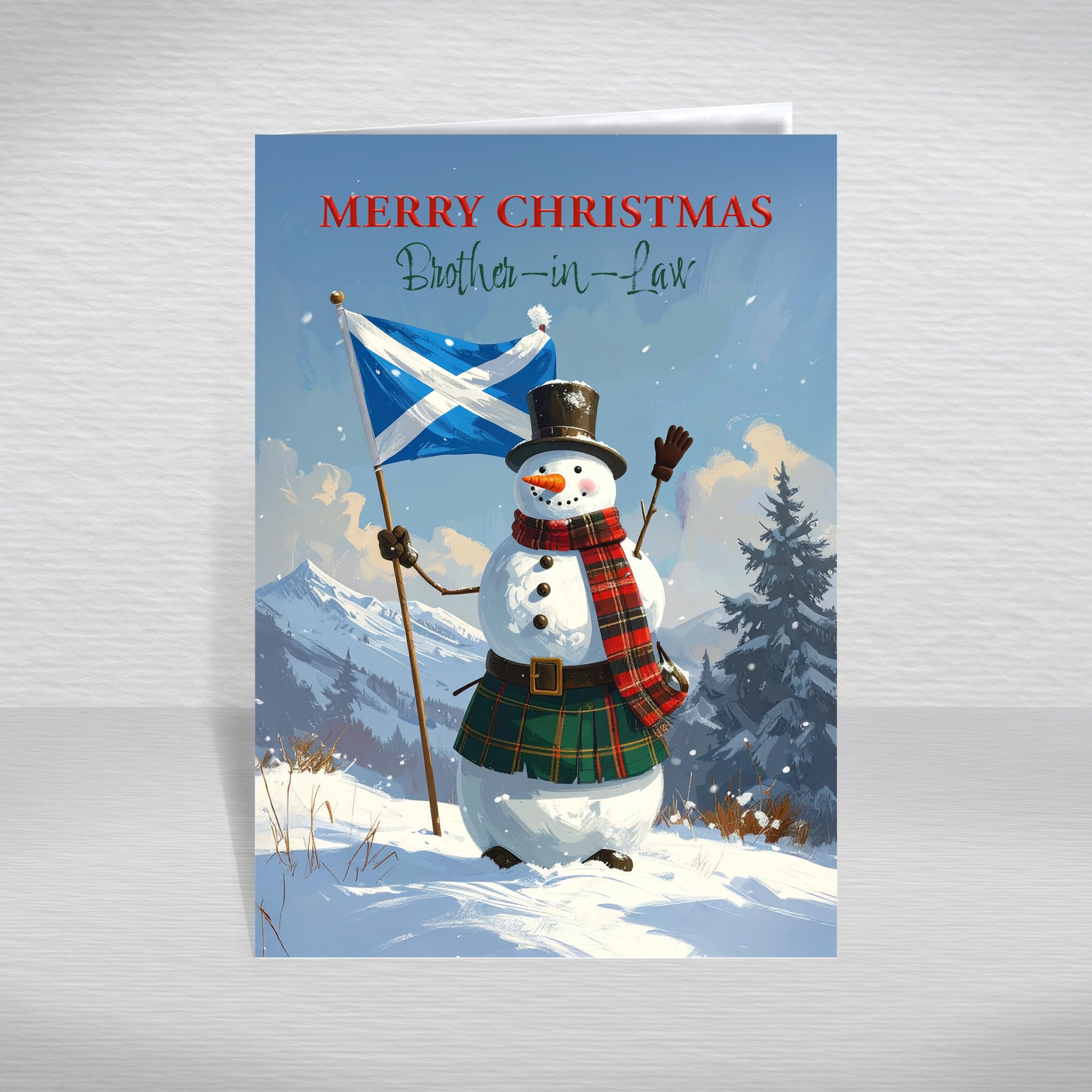 Funny Scottish Christmas Card for Brother-in-Law – Humorous Snowman in Tartan Kilt Holding St Andrew’s Flag, A5 Greeting with Verse: Brother-in-Law Christmas Card — image 1