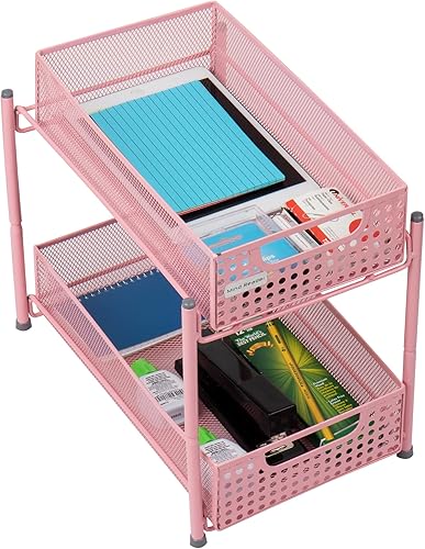 Miniatura 5 de Mind Reader Gabinete, organizador de cestas de almacenamiento de malla, hogar, oficina, cocina, baño, tamaño único, color rosa, 2 niveles