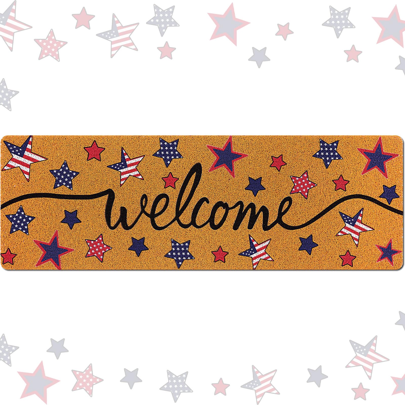 Photo 1 of Ninehaoou Large Welcome Door Mat 48'' x 16'' Long Non Slip Front Doormat for Indoor Outdoor Entrance, Seasonal Decorative Rug for Holiday Home Porch Patio Entryway Decor(Brown,Independence Day)
