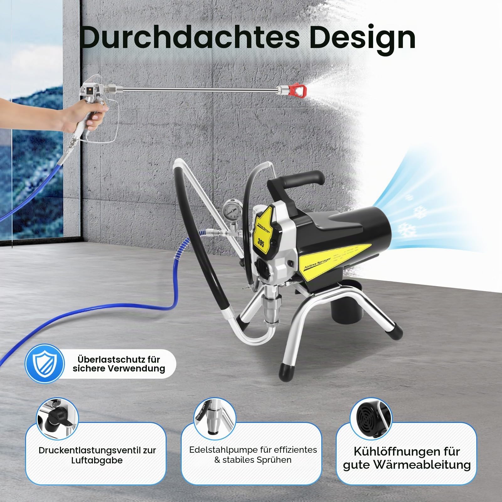 Airless Farbsprühgerät 3000PSI 2200W 23 Mpa Airless Spritzgerät Lackiergerät Airless Painter Sprayer Farbspritzgerät Farbsprühsystem mit Sprühdüse,Spritzschlauch & Verlängerungsstange