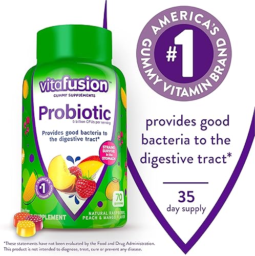 Miniatura 3 de Vitafusion Suplementos probióticos de gomitas, sabores de frambuesa, melocotón y mango y gomitas multivitamínicas para mujer, vitaminas diarias con