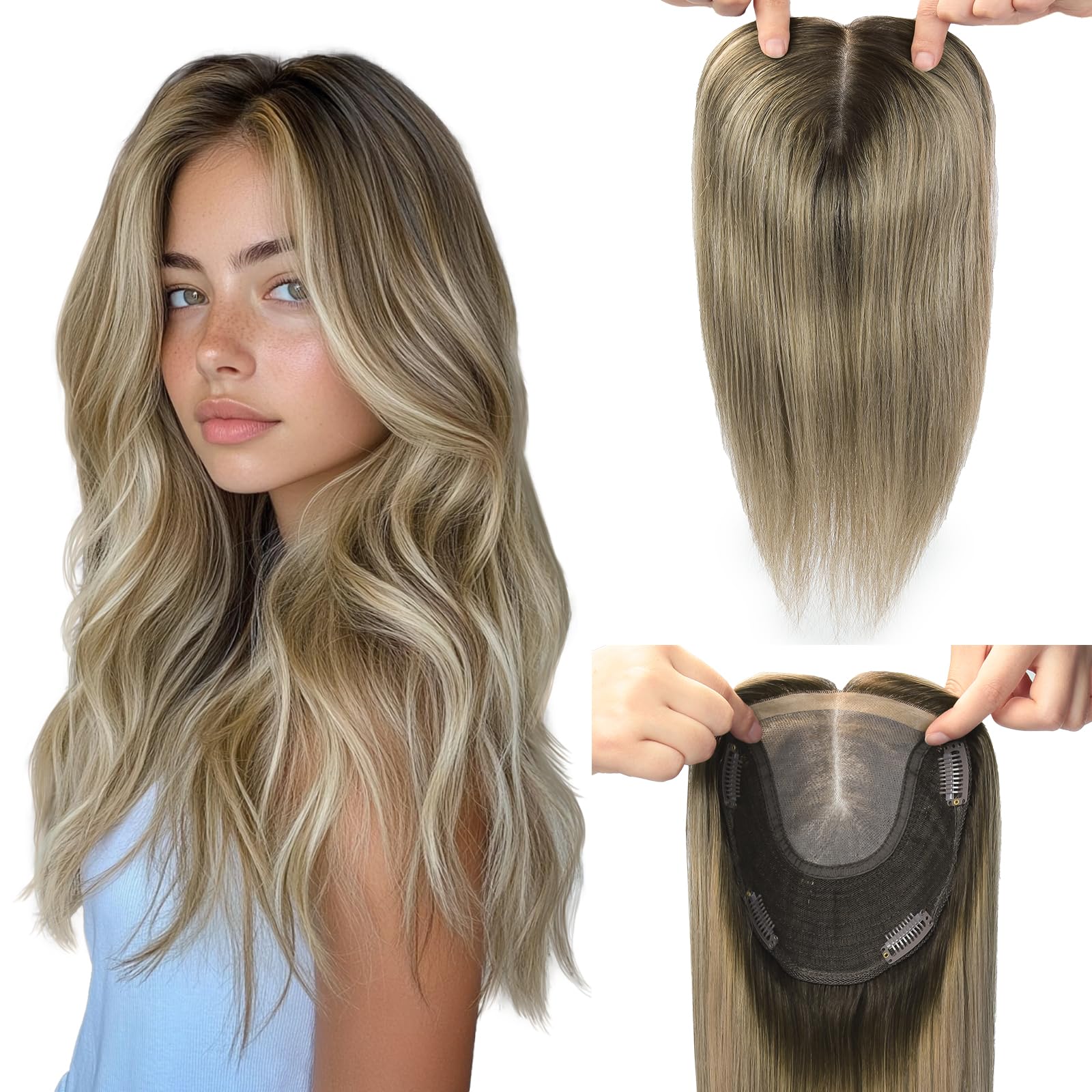 Hair Toppers for Women Real Human Hair 6x7inch Large Base 14inch 55g Toppers Pieces for Women with Thinning Dark Brown To Chestnut Brown Highlight Ash Blonde (#2/6/18Toppers-14inch)