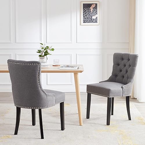 Miniatura 2 de Kingfun Juego de 2 sillas de comedor tapizadas con patas de madera de roble y ribete de clavos sillas de comedor de tela decorativa sillas laterales