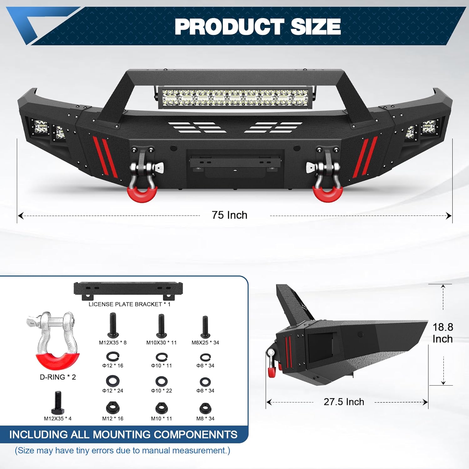 F150 Front Bumper with Winch Plate for 2009-2014 Ford F-150 (Excluding Raptor) Textured Black Bumper with D-rings, 144W Long Light Bar, License Plate Bracket