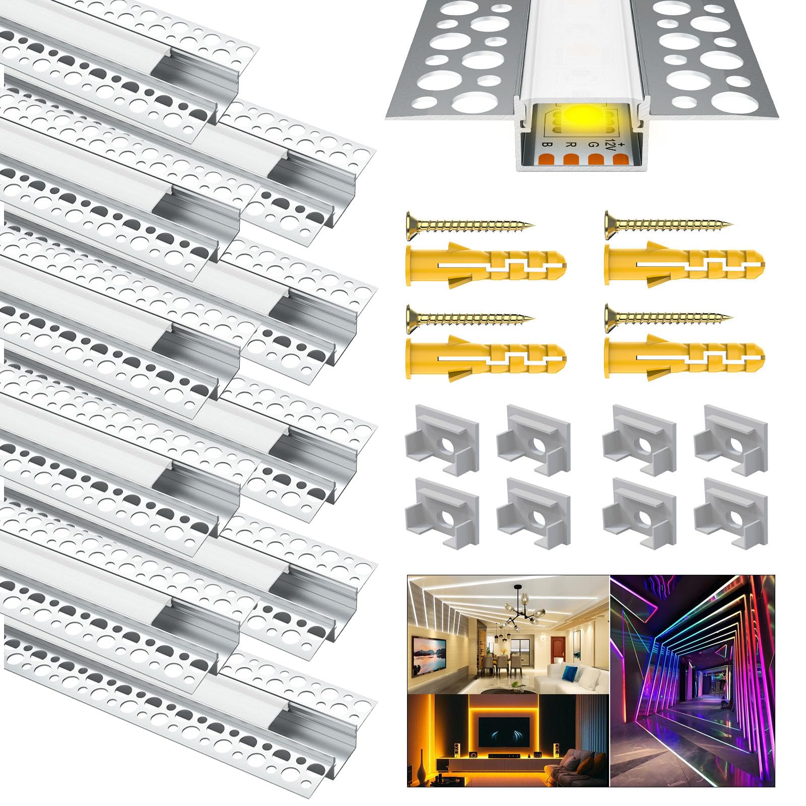 Chesbung 10x1M Profilé Led Encastrable, Profilés en Aluminium, Profile alu Pour Ruban Led Profilé Led Encastrable Rail Diffuseur (10Pack-1M-Weiß-Profil-18mm)