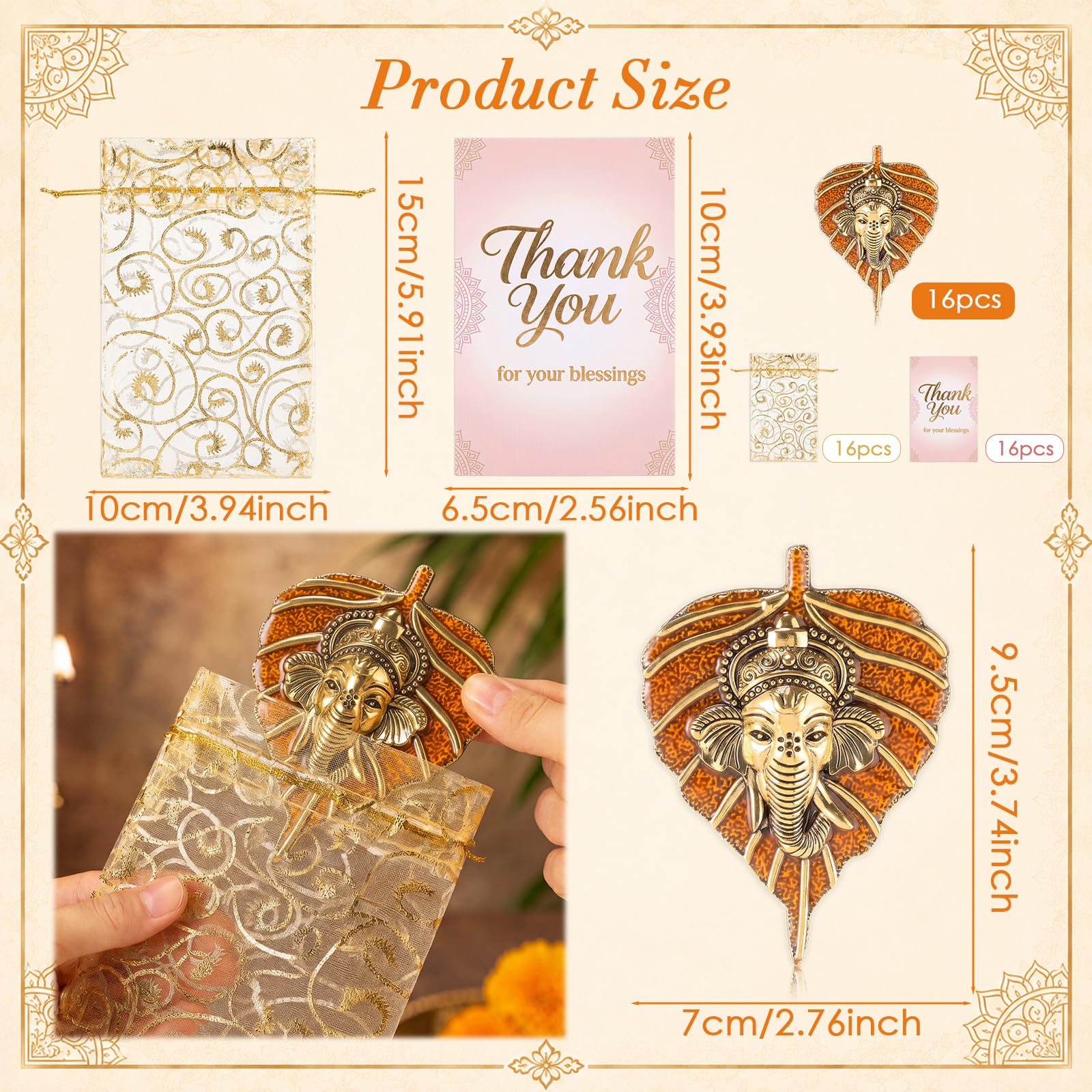 Marsui 16 Stück indische Pooja-Rückkehr-Geschenke, Metallblätter, Ganesha-Dekor, Dankeskarten, Organza-Beutel, Diwali-Rückgabe, Geschenke für Gäste, Diwali, Hochzeit, Einweihung, religiöse Zeremonie