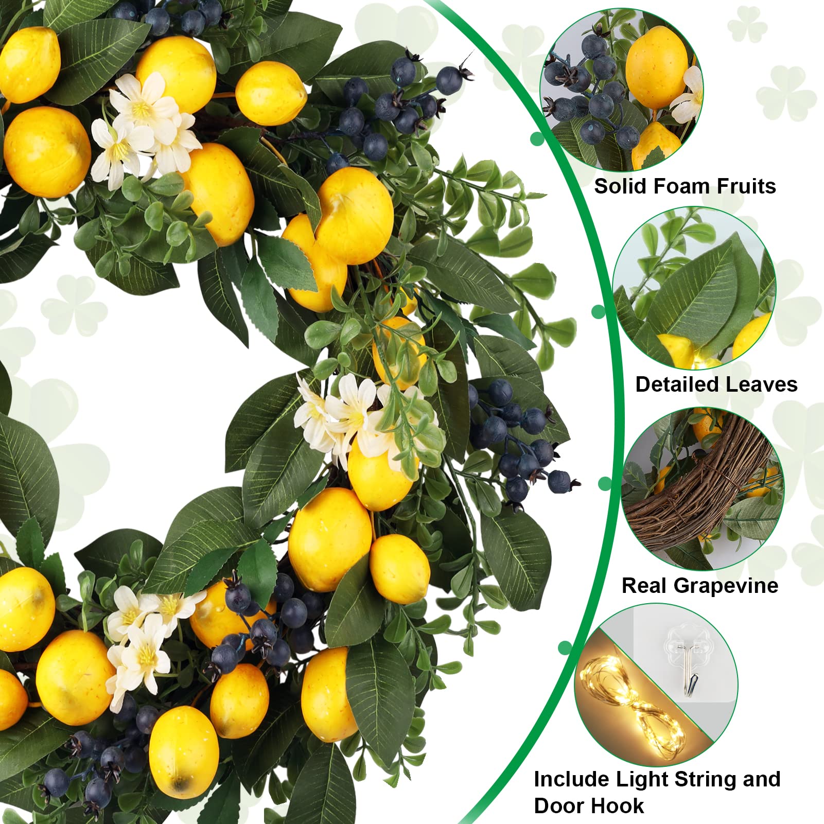 22 Inch Lemon Wreath for Front Door,Lemon Decor for Kitchen,Spring Wreath with Lights with Artificial Lemons Blueberries & Eucalyptus Leaves for Home Window Wall Indoor Outdoor Decor