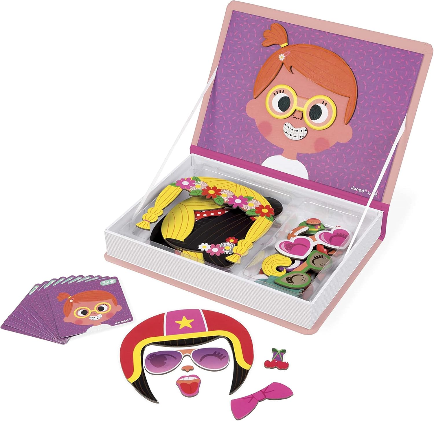 Janod – Magneti&rsquo;Book Crazy Faces Girl – Jeu éducatif magnétique 55 pièces – À partir de 3 ans, J02717, Rose