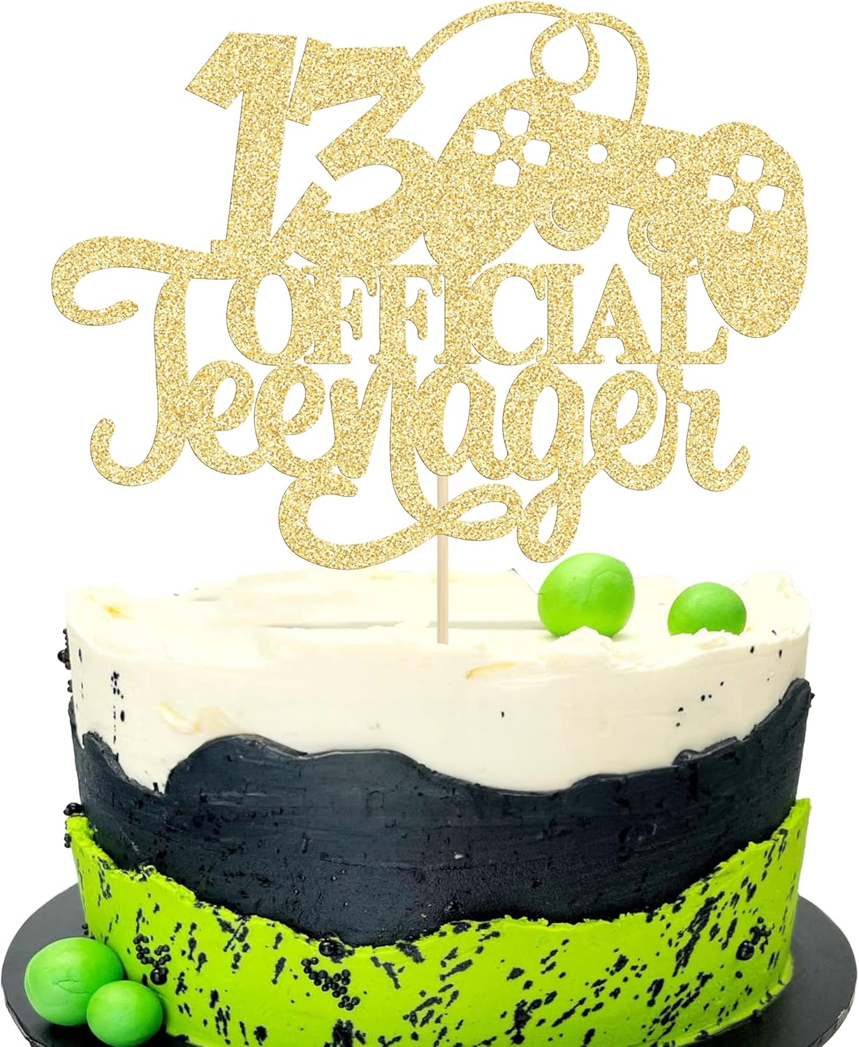 Ephlyn 1Pcs Video Game Happy 13th Birthday Cake Topper Glitter Video Game Cake Pick Game On Controllers Thirteen Cake Decoration for Happy 13th Birthday Party Supplies Gold