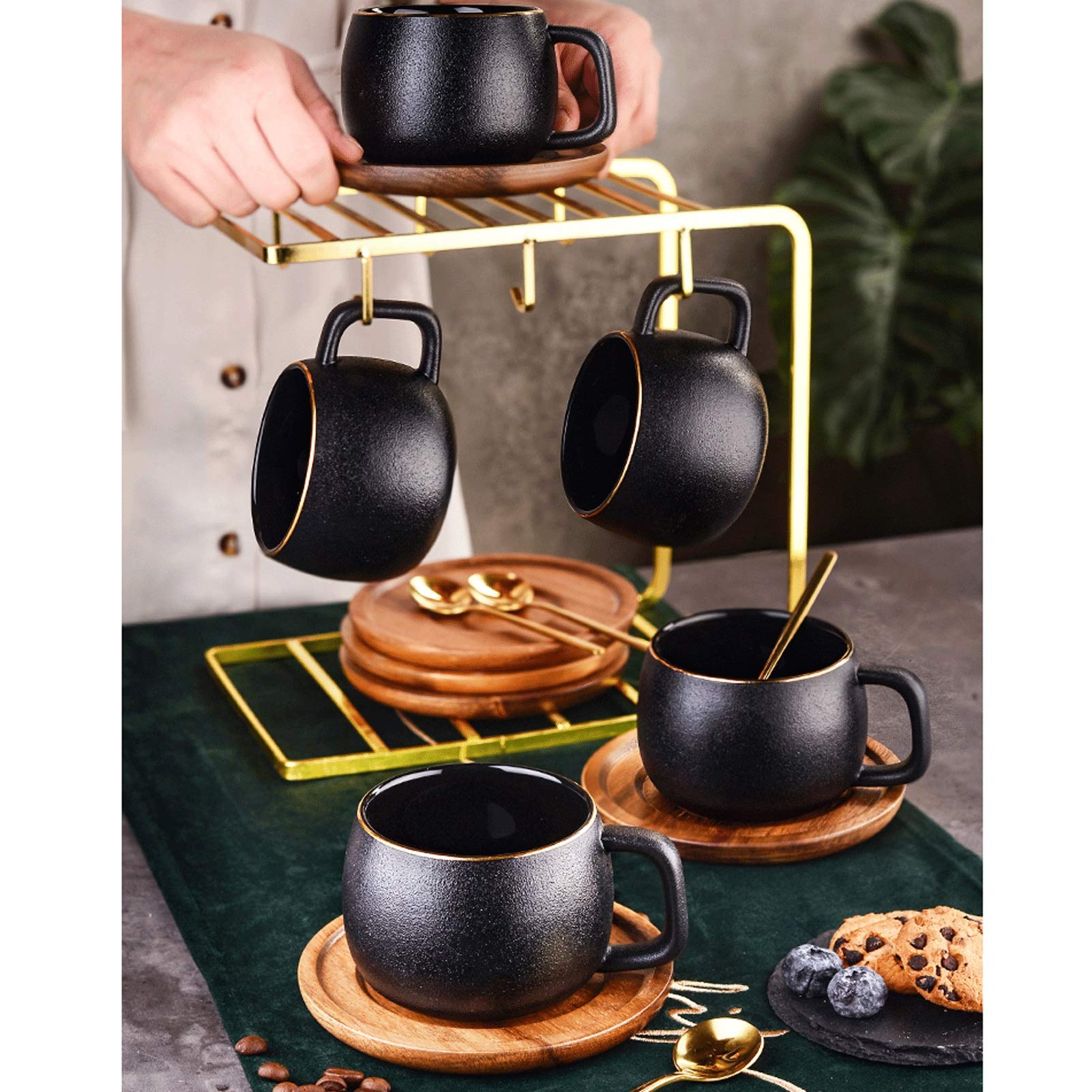Taza De Café Conjunto De Taza De Café De Lujo Pequeño De Estilo Europeo, Taza De Agua De Cerámica Helada Retra, Taza De Té Especial De La Familia Con Bandeja Y Soporte De Metal (conjunto De 2, 4, 8 Pi