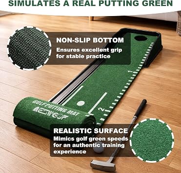 Golf Putting Mat Set with Putting Green & 4 Golf Balls 9.8 ft Training Aid Mat with Ball Return for Indoor & Backyard Practice Great Gift for Golfers and Beginners
