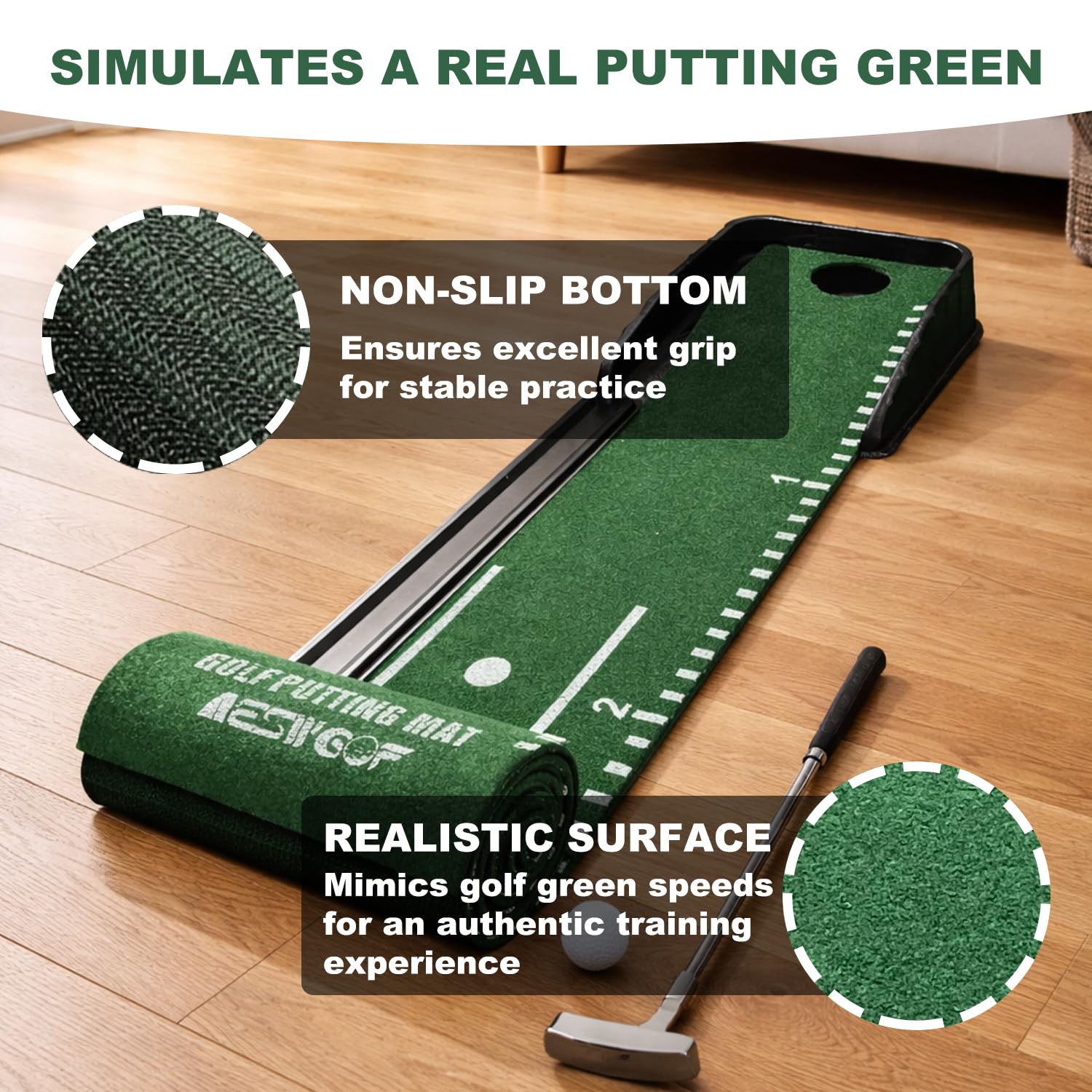 Golf Putting Mat Set mit Putting Green & 4 Golfbällen - 3.0 m Trainingshilfe Matte mit Ballrücklauf für Indoor & Hinterhof Übung - Tolles Geschenk für Golfer und Anfänger