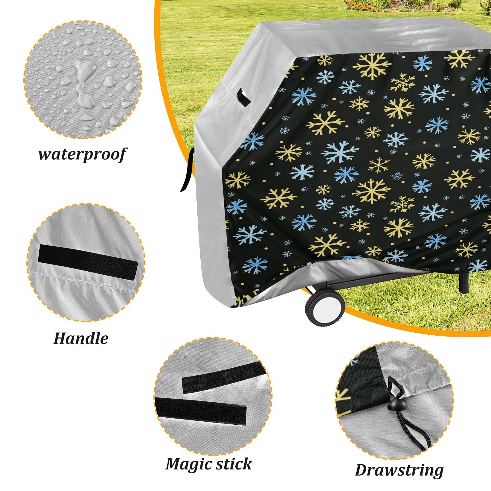 Copertura per barbecue di alta qualità, impermeabile, resistente allo sbiadimento, resistente, adatta per griglie fino a 25 cm di larghezza, con motivo a fiocchi di neve blu e giallo