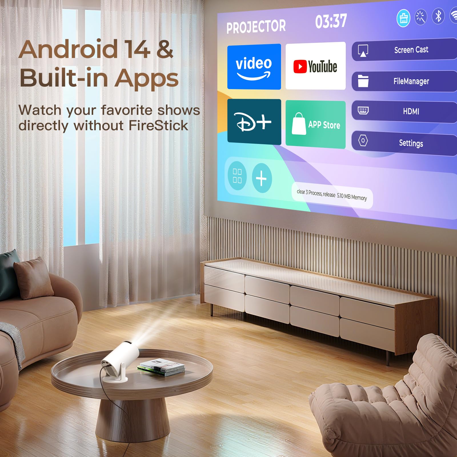 Vidéoprojecteur Compatible 4K Android 14 Mini Video Projecteur Contrôle App | Smart Rétroprojecteur avec Wi-FI 6 & Bluetooth 5.4, Auto Keystone, 2026 Upgraded Projector pour HDMI/iPhone/USB, Blanc
