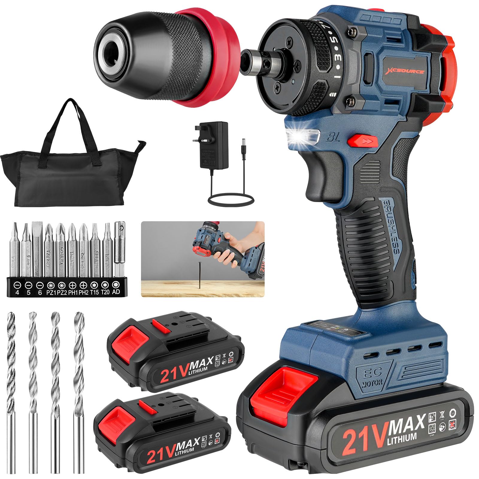 XCSOURCE Cordless Electric Drill Set with Drill Bits, 3-in-1 Electric Screwdriver & Power Drill Drivers & Hammer with 2 Variable Speeds, 21+1 Torque and 2 Batteries for Home Repair & DIY