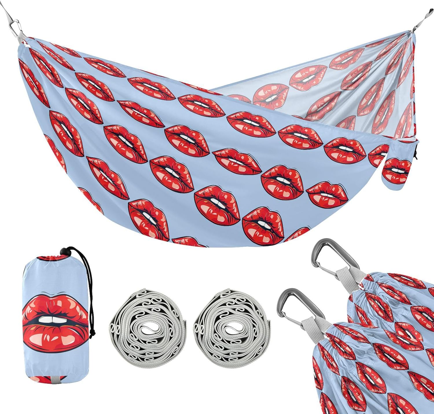 ALAZA Red Lips Camping Hammocks Single or 2 Person 500 lbs Portable Parachute Travel Hammock w/Tree Straps for Hiking Backpacking Indoor Outdoor