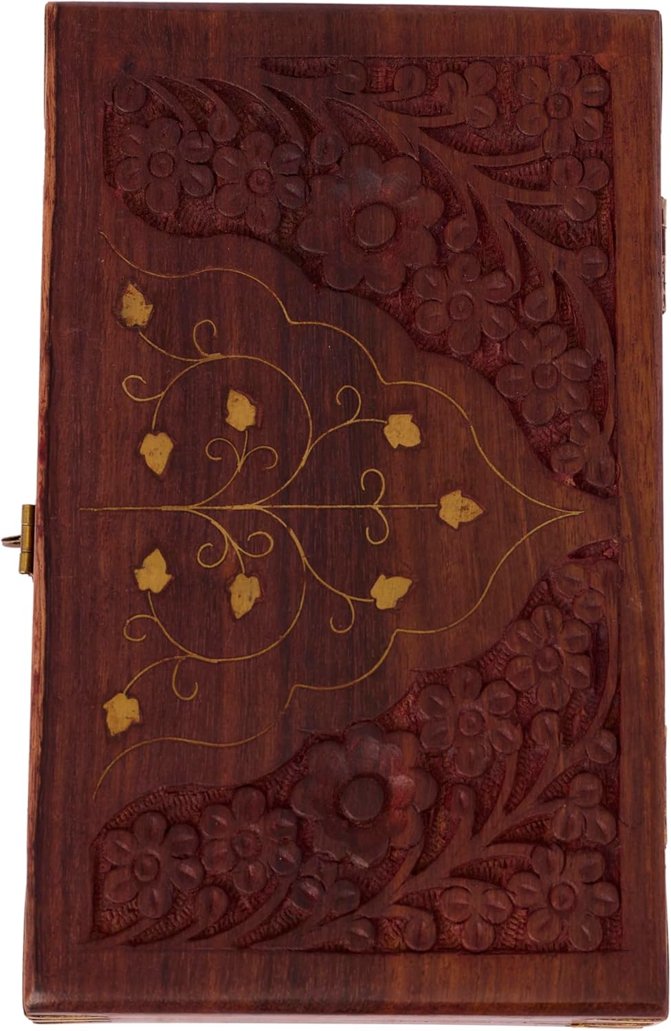 GURU JEE™ Indian Jewelry Holder Floral Carving Wooden Jewellery Box With Brass Inlay Wooden Trinket Box Wood Jewelry Organizer Keepsake Box Treasure Chest Trinket Holder Watch Box Storage Box