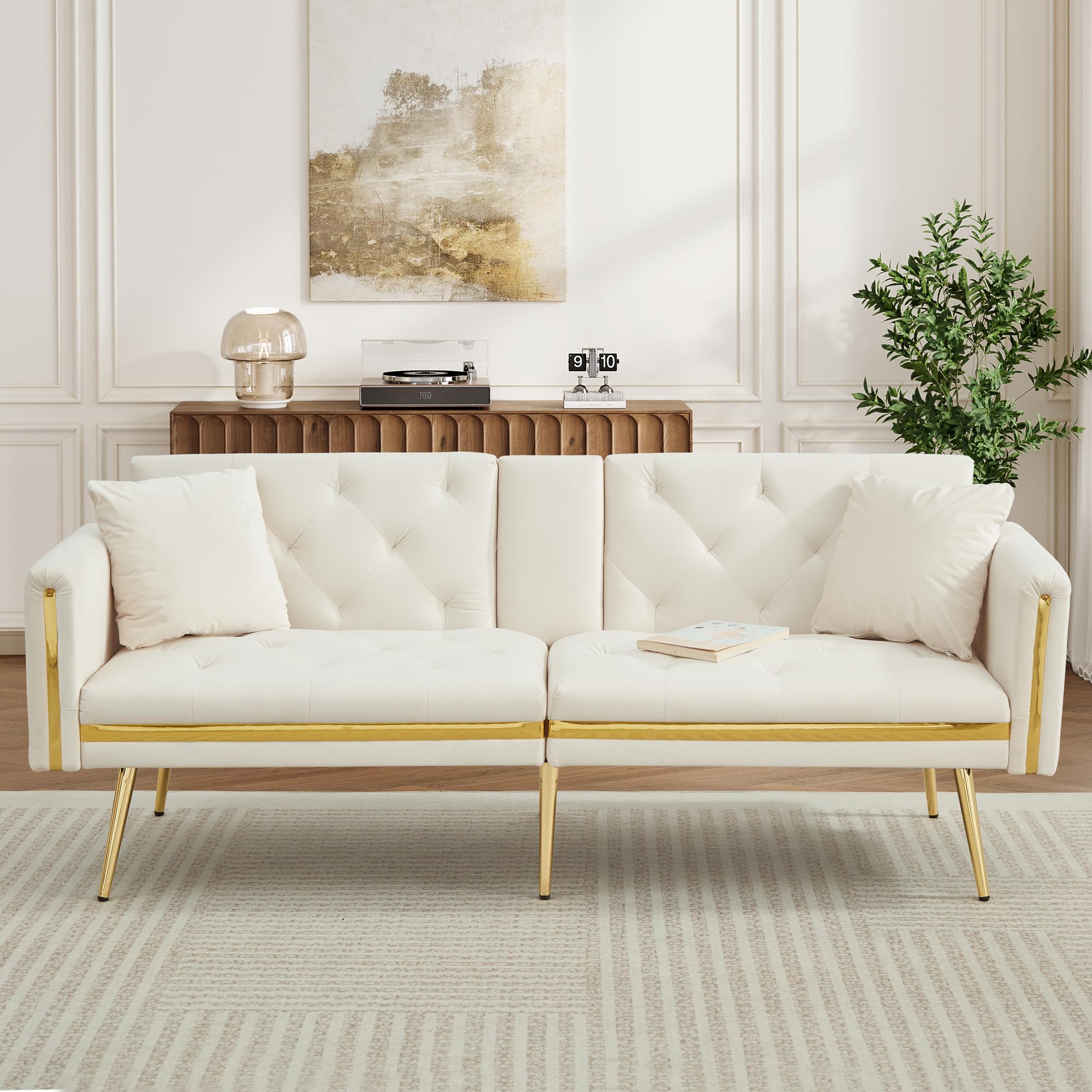 Merax Sofa Bed 2 Seater, 3-Gear Back Angle Adjustable Foldable Futon Sofa Couch, Convertible Sofabed Settee with 2 Bolster Pillows, 2 Cup Holders, 174 * 76 * 71.5cm, White/Velvet โ image 1