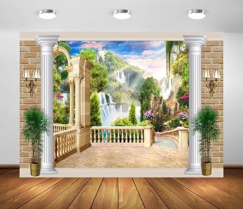 BELECO 10x8ft Fabric Beautiful Garden Terrace View of Mountain Waterfall Backdrop Picturesque Green Mountain Trees Cascade of Waterfalls Columns Arch Landscape Background Wall Mural Photo Studio Props
