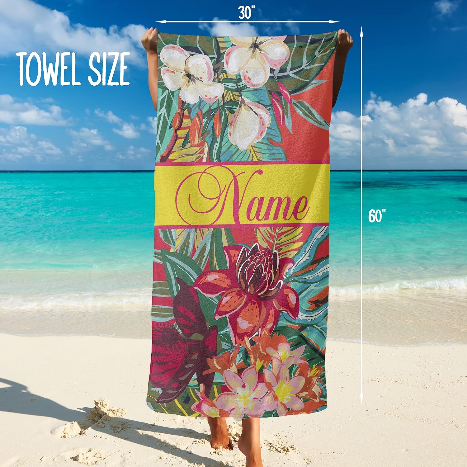 Factory4me Personalized Floral Beach Towel, Red Sand-Free, Tropical Design for Kids and Adults, Custom Pool Towel 30x60 for Girls and Women, Monogrammed T61