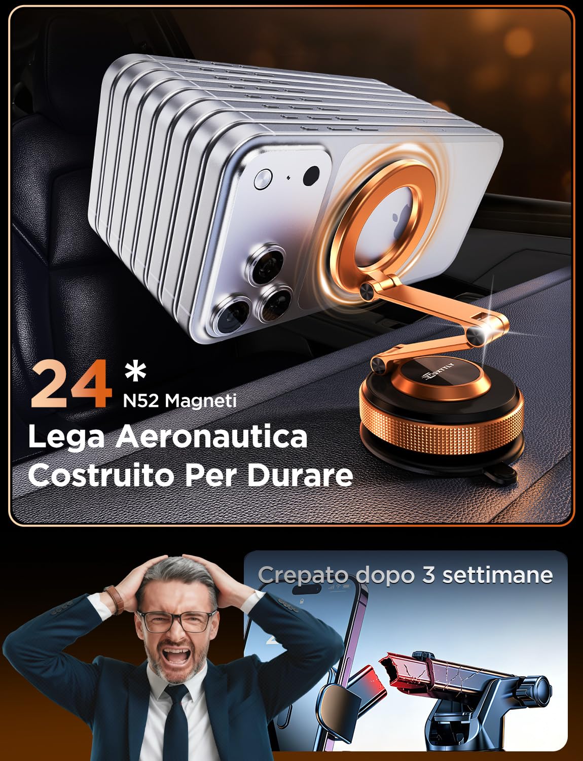 MSXTTLY Porta Cellulare Auto–Vmag S3 Supporto Magnetico a Vuoto con Magneti Potenti e Braccio Doppio in Lega,Compatibile con iPhone 17 Pro Max,iPhone 16 Pro Max–12 e Android(Anello Magnetico)Arancione