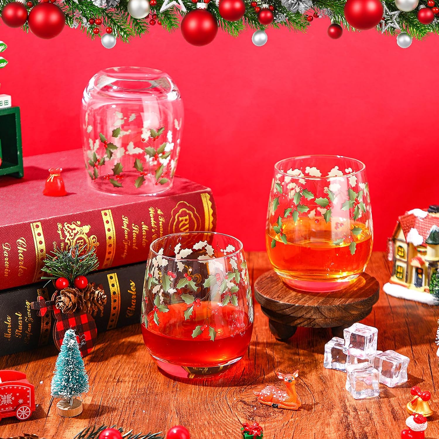Umigy Set of 6 Winter Stemless Wine Glasses, 12 oz Winter Wine Glassware Funny Holiday Glass Drinkware Mug Cup for Holiday Festive Gatherings(Classic Style)