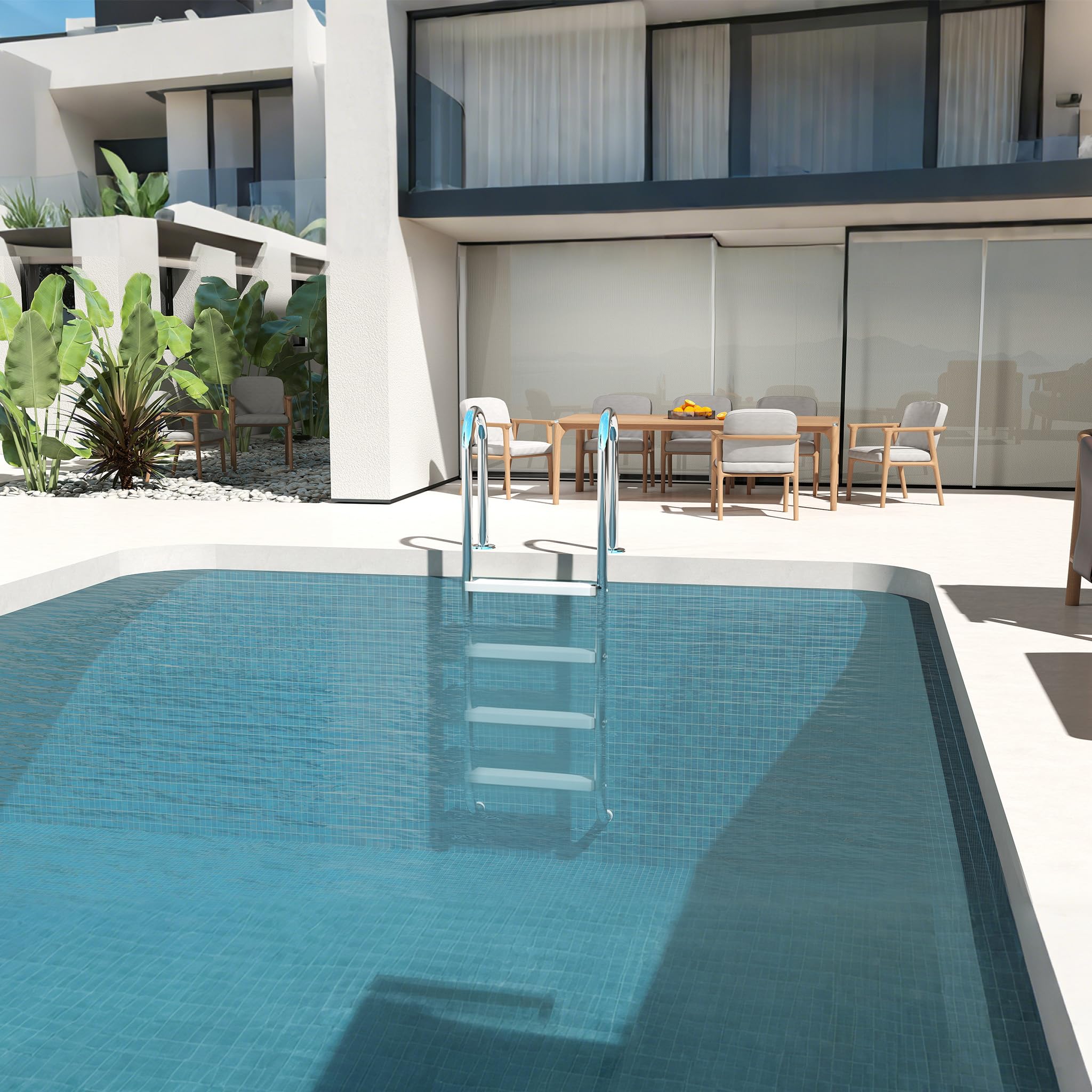 Froadp - Escalera de piscina de acero inoxidable con 4 peldaños antideslizantes, 157 x 54 x 26,5 cm, carga máxima: 150 kg, color plateado