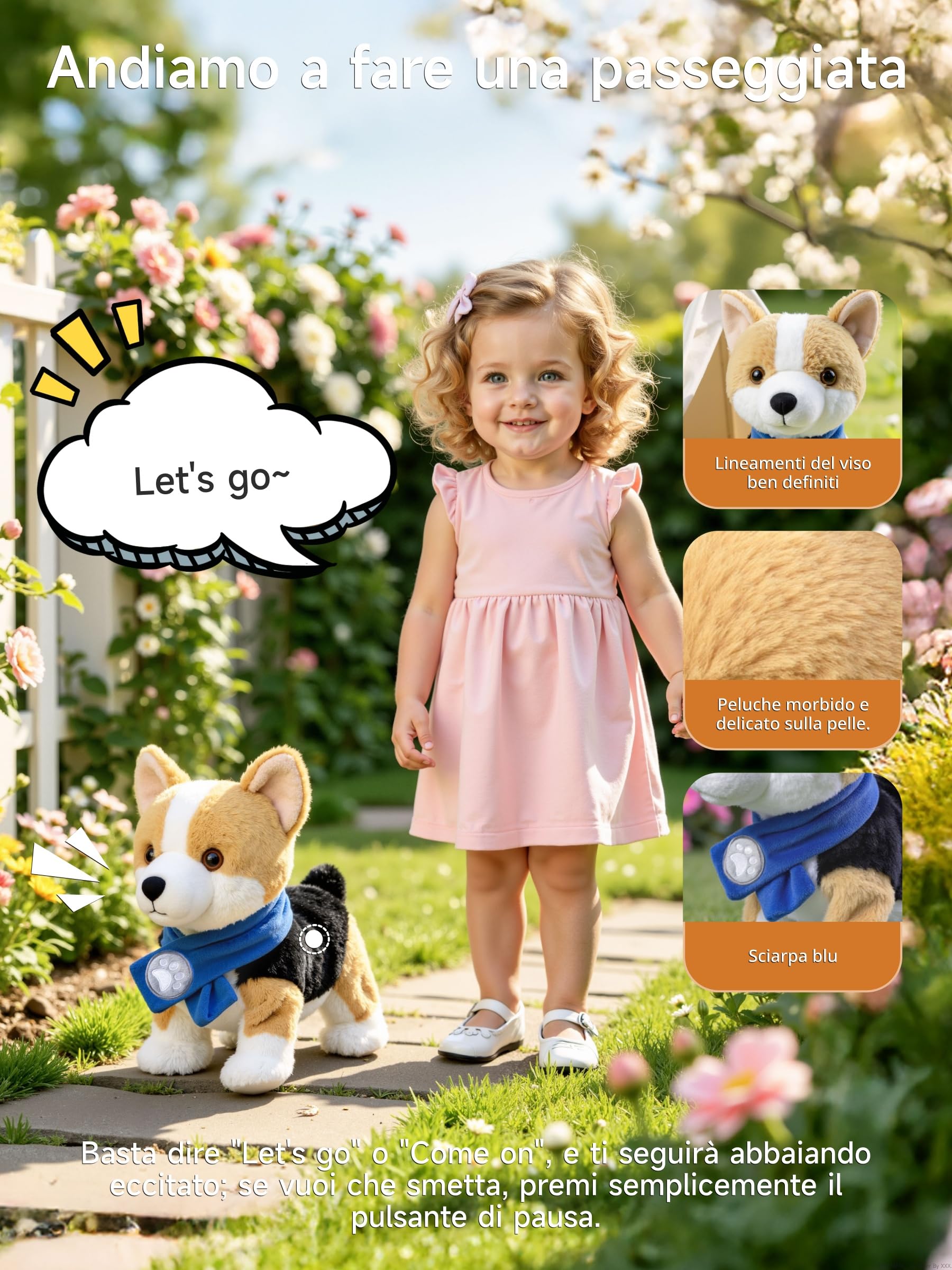 Cagnolino Che Abbaia e Cammina con Controllo Vocale, Parla, Muove la Coda, Peluche Cane Giocattolo Interattivo Elettronico, Cane Robot Realistico, Regalo per Bambini dai 18 Mesi