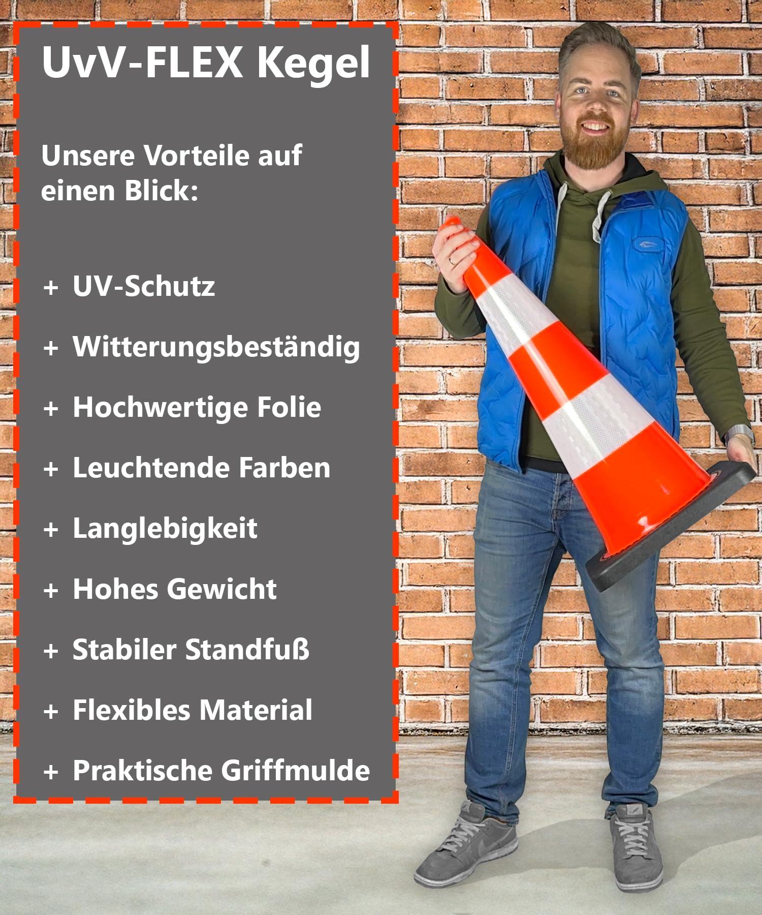 UVV-SHOP Leitkegel, 75 cm Pylone Orange mit 2 Reflexstreifen, RA1 reflektierender Kegel