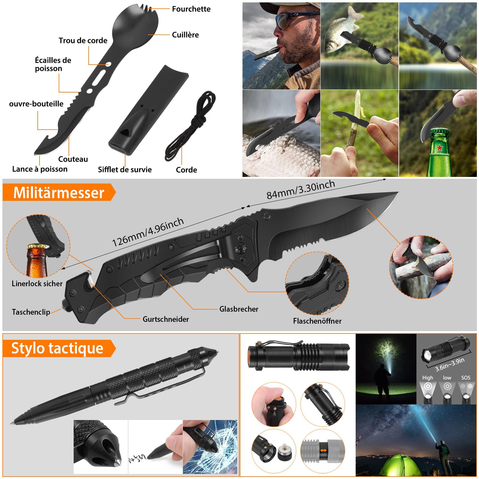 Kit de Survie d'urgence en Plein air, 38 en 1 avec Kit de Premiers Secours de Survie avec pour Hommes Camping, Pince Pliante, Voyage Aventure, Randonnée, Aventure en Plein Air