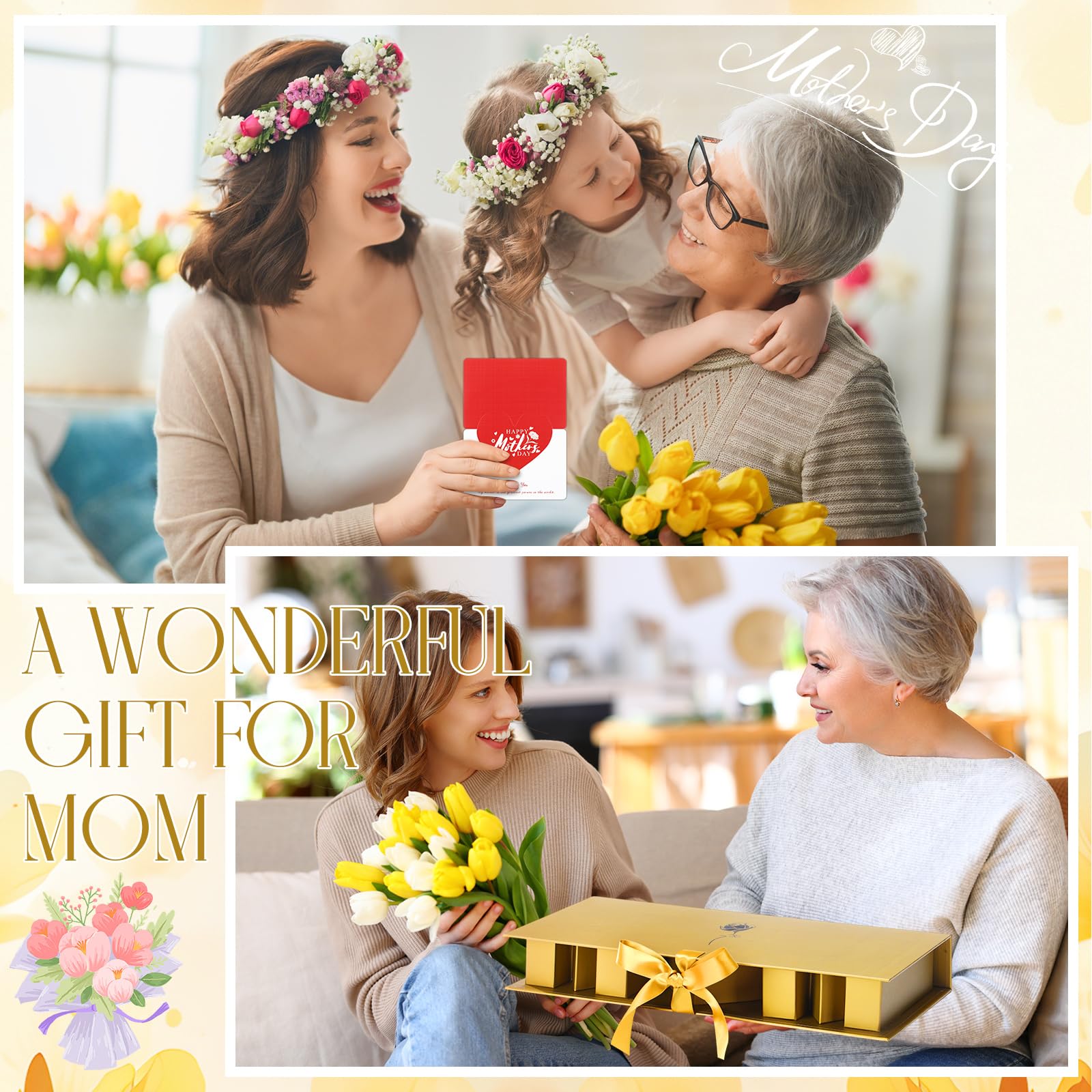 Ctosree 2 Sets Mother's Day Mom Flower Gift Box with 18'' x 7.7'' x 2.7'' Empty MOM Letter Shaped Box Gift Bags Greeting Cards for Mother's Day Birthday Flower and Arrangements(Gold)