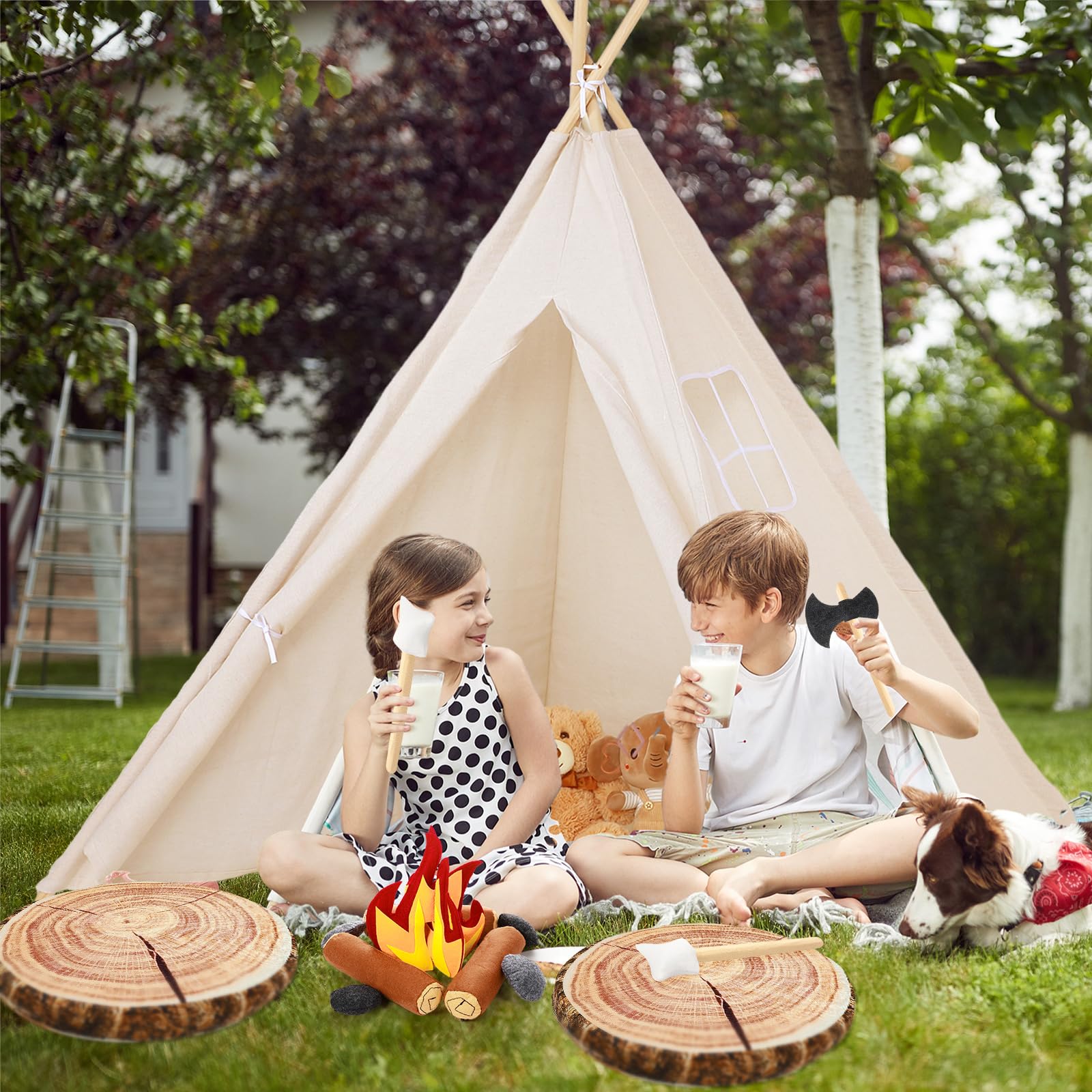 Kigley 26 Pcs Pretend Camping Play Set Includes Kids Teepee Tent Beige Indoor Play Tent Felt Campfire Toys Wood Print Throw Pillow Floor Cushion for Boys Girls Adults Dramatic Play Home Decorations - Image 6