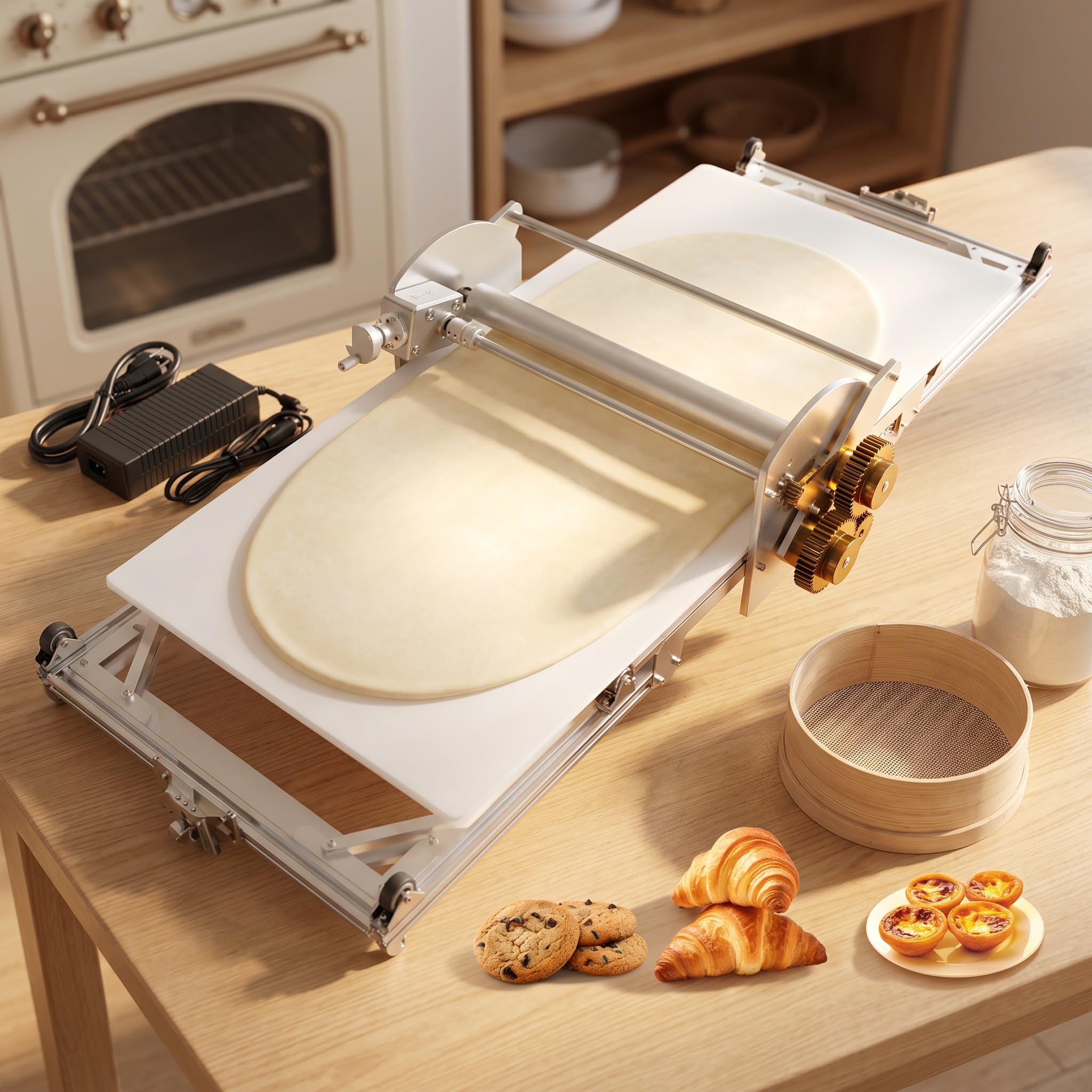 22,7" Gewerbliche Elektrische Teigausrollmaschine Mit Einstellbarer Dicke, Für Pizzateig, Frische Pasta Und Croissants, Geeignet Für Hobbybäcker Und Professionelle Bäckereien