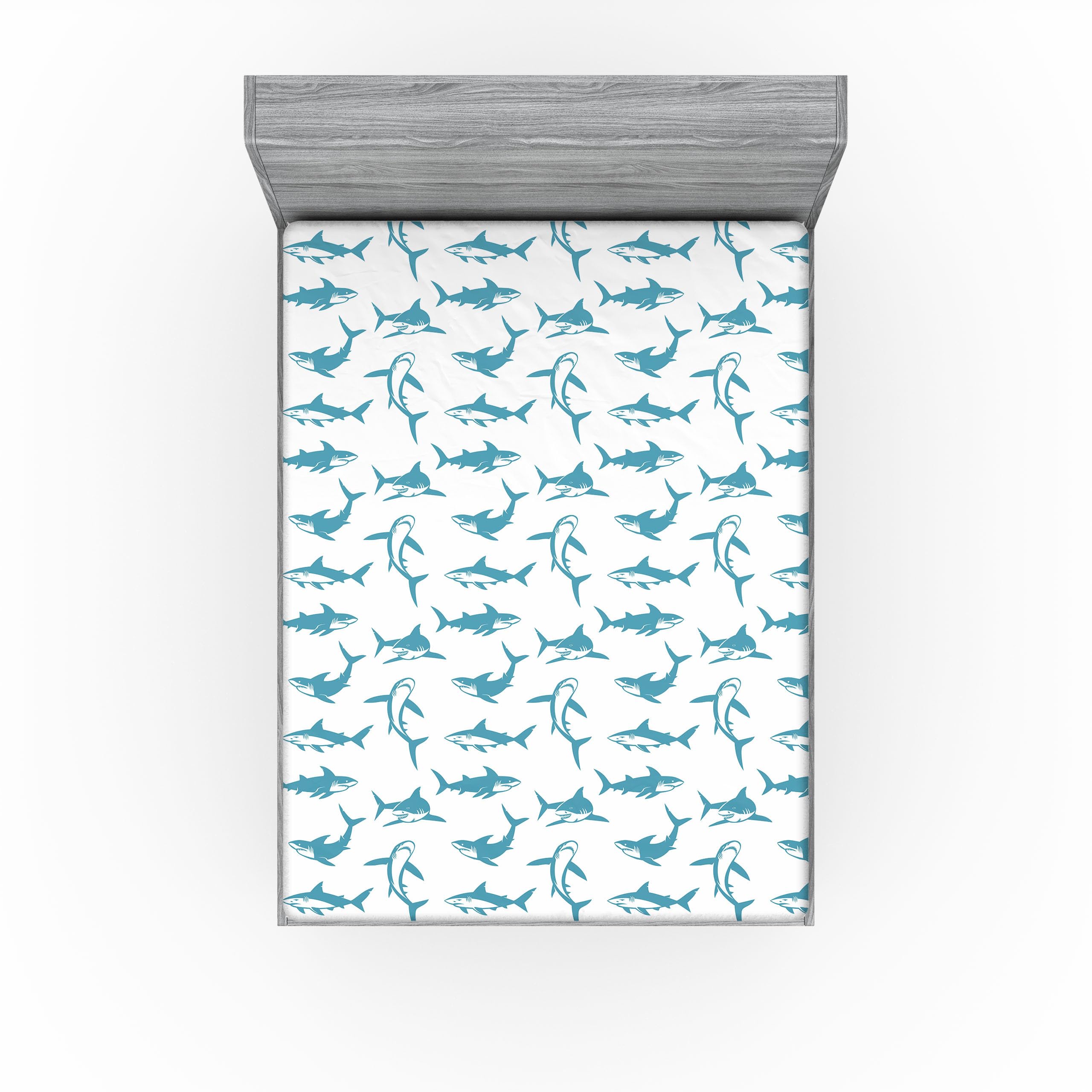 Ambesonne Shark 2 Pack Fitted Sheet, Scary Predators with Fins, Bed Cover All-Round Elastic Deep Pockets 2 Pieces, Package Contains 2 Full Size Fitted Sheets, White Blue