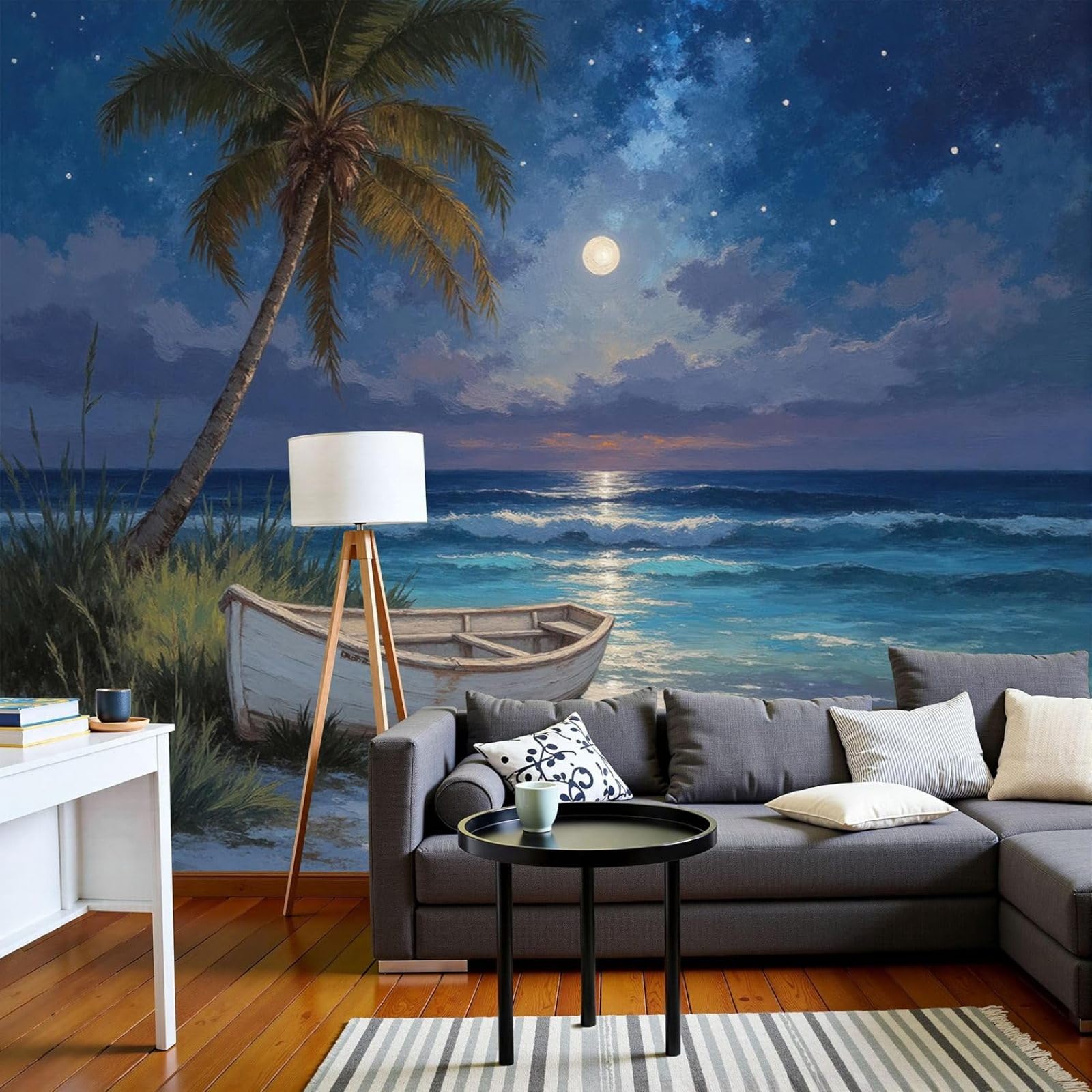Romantic Night View Photo Wallpaper - XXL, Small Boat Coconut Palm Landscape 3D Effect, Blue For Living Room Bedroom Non-woven Wallpaper Wall Mural, 430cm x 300cm Stickers - Frameless Painting - Poste