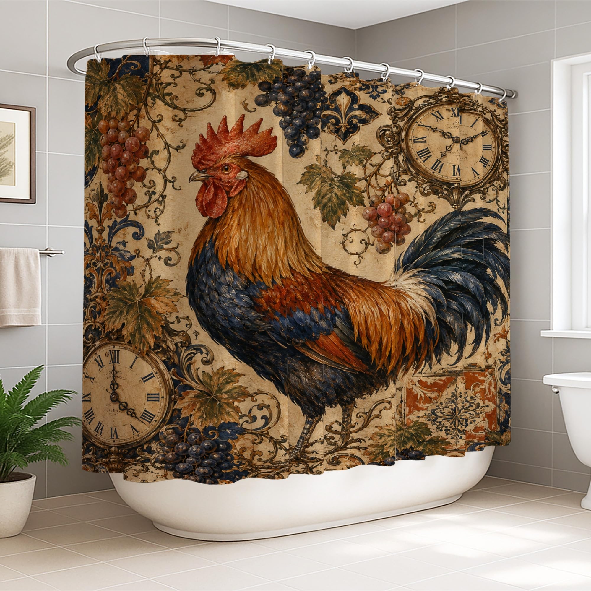 Rideau de douche extra large rouge motif coq campagnol lavable et imperméable avec crochets