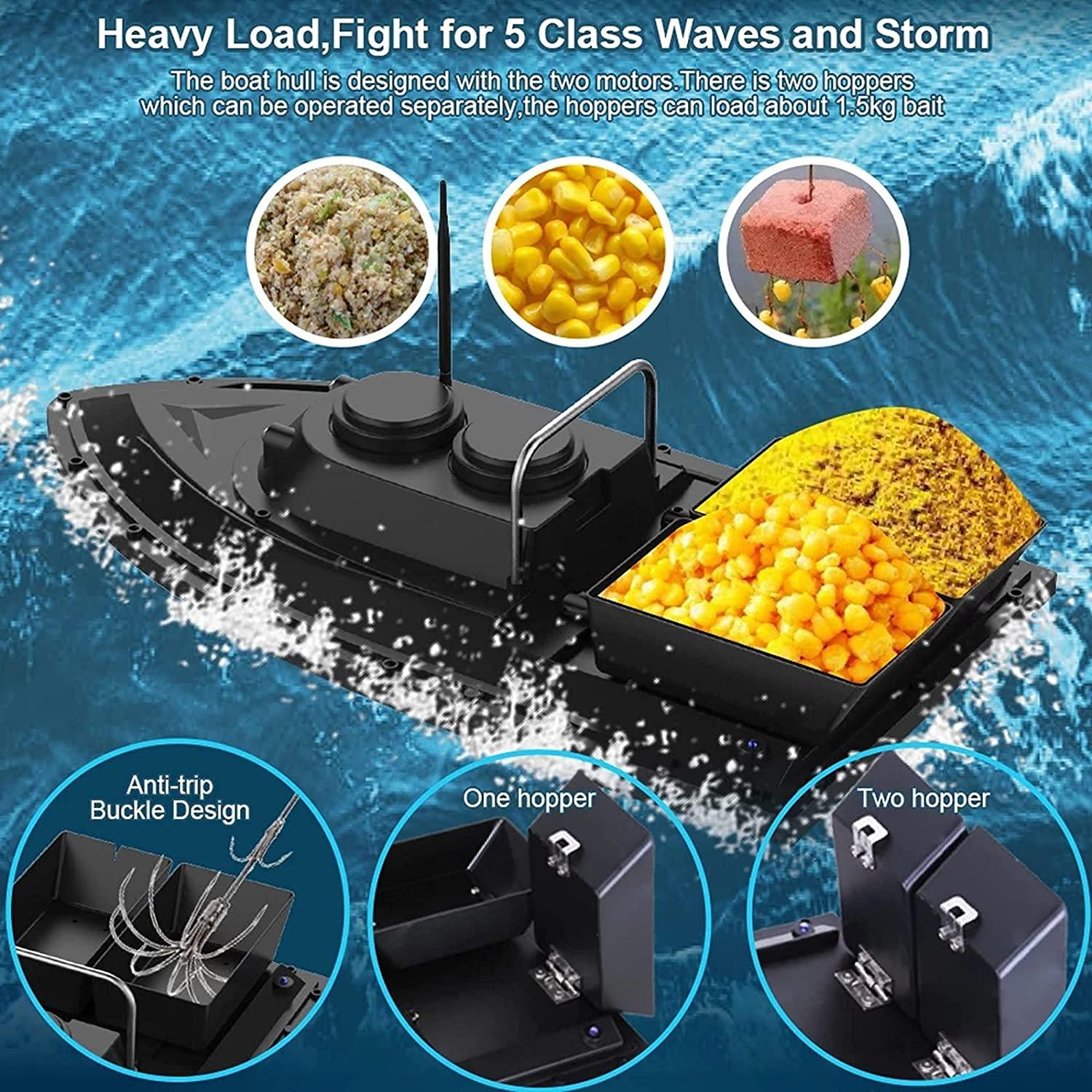 Barco de Cebo para Pesca, Barco RC Inteligente, buscador de Peces, Carga de 1,5 kg, 500 m, Control Remoto inalámbrico, 2 Motores, 2 contenedores de Cebo, batería Recargable