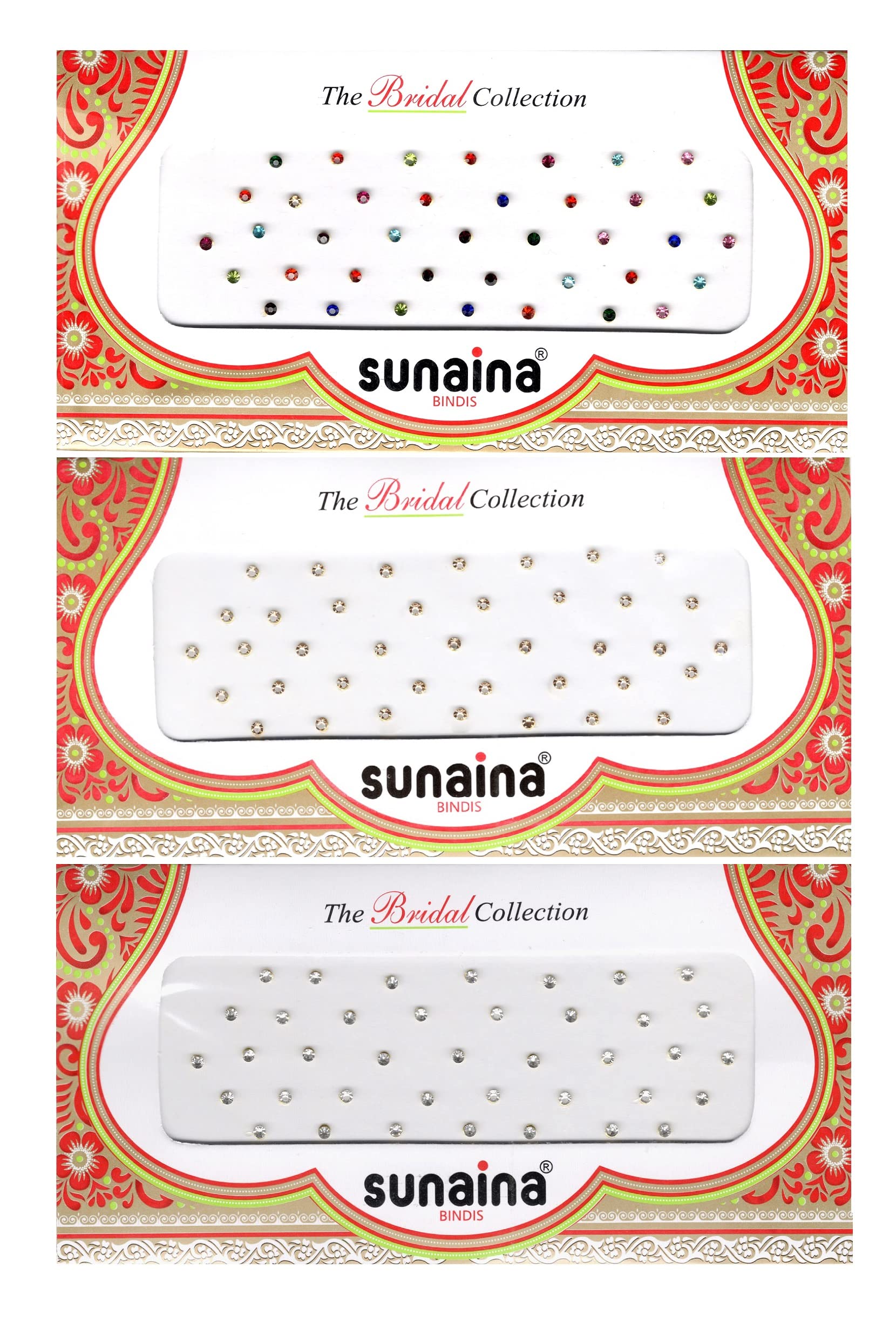 Sunaina Small Round MultiColor||Golden|| Silver Shiny Stone Matching Tikka Bindi for Women & Girls (Pack Of 3)