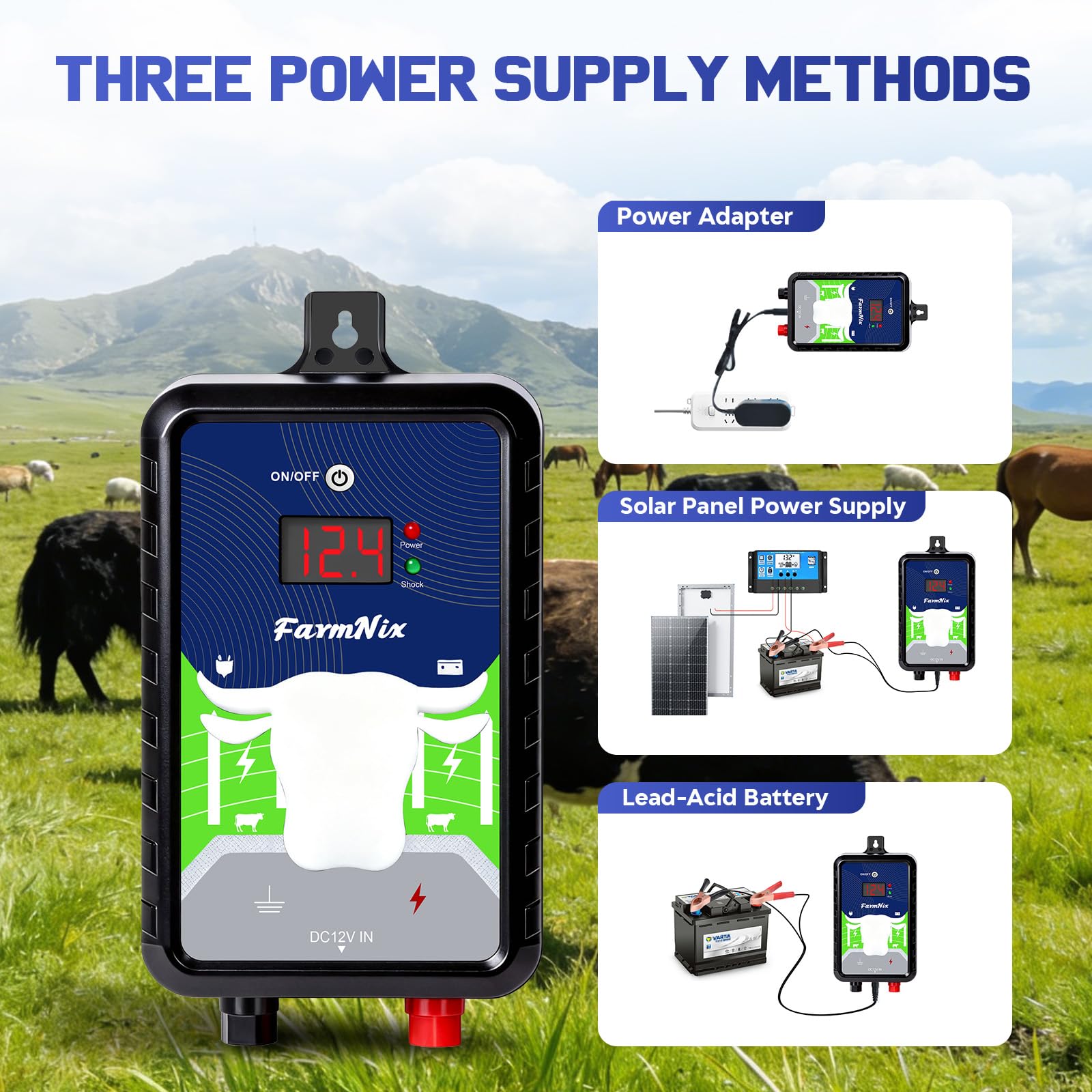 Electrificador de valla eléctrica de 4 julios, 24 km/15 millas, alimentación de energía/batería/solar – IP65 impermeable, impacto potente para la protección de los animales y disuasión de los grandes