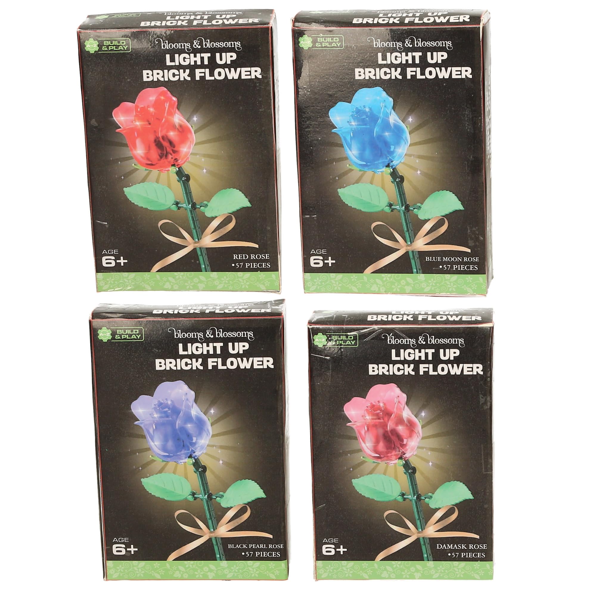Atoz Blooms & Blossoms 4 x Light Up Brick Flowers Building Set, 57 Pieces, Ages 6+, LED Rose